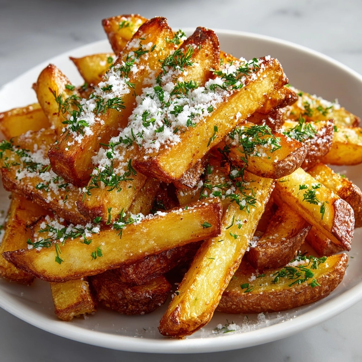 Golden, crispy Pickle Parmesan Air Fryer Fries, a satisfying side dish, ready to enjoy hot and cheesy.
