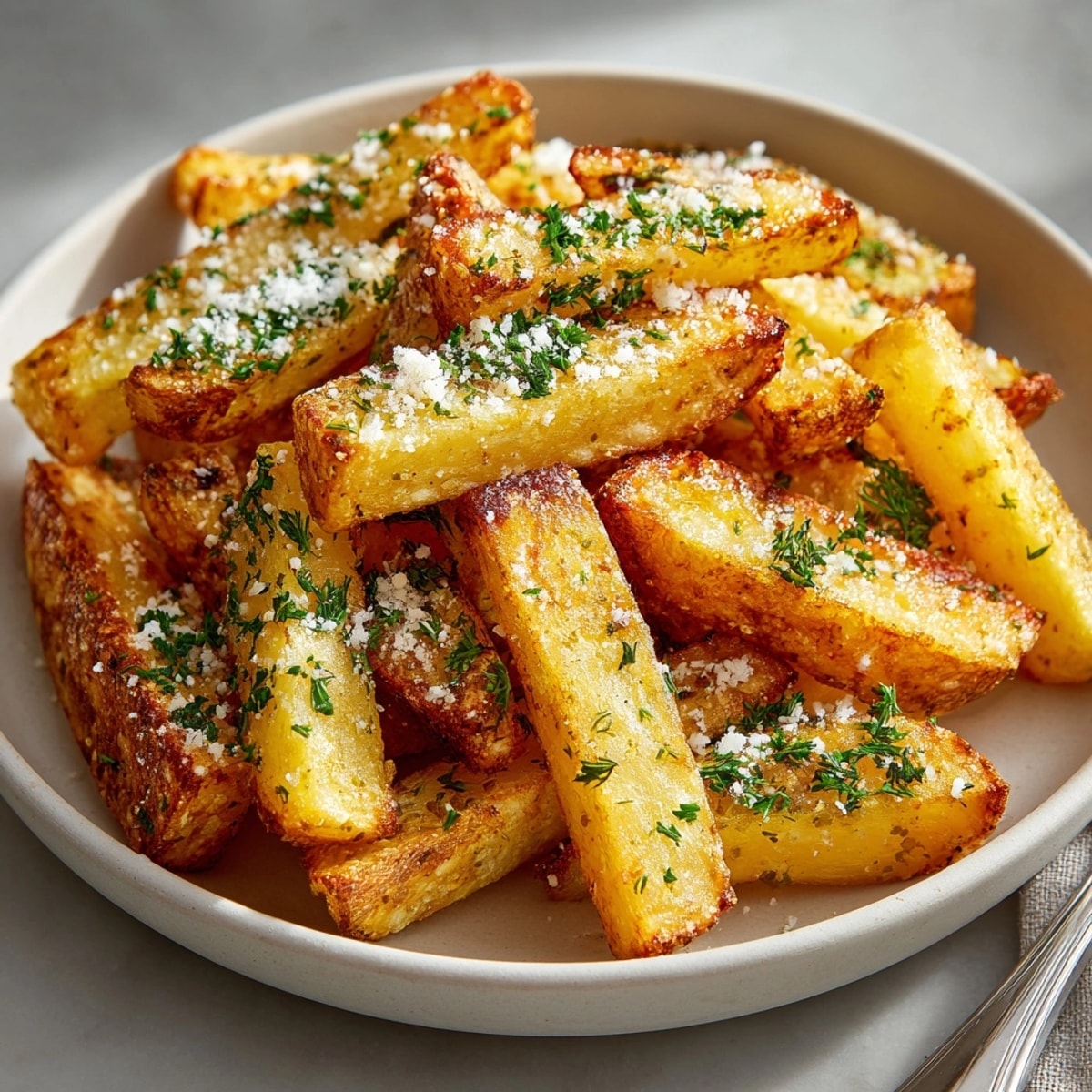 A bowl overflowing with air-fried Pickle Parmesan Fries, smelling of dill, garlic, and Parmesan: delicious!