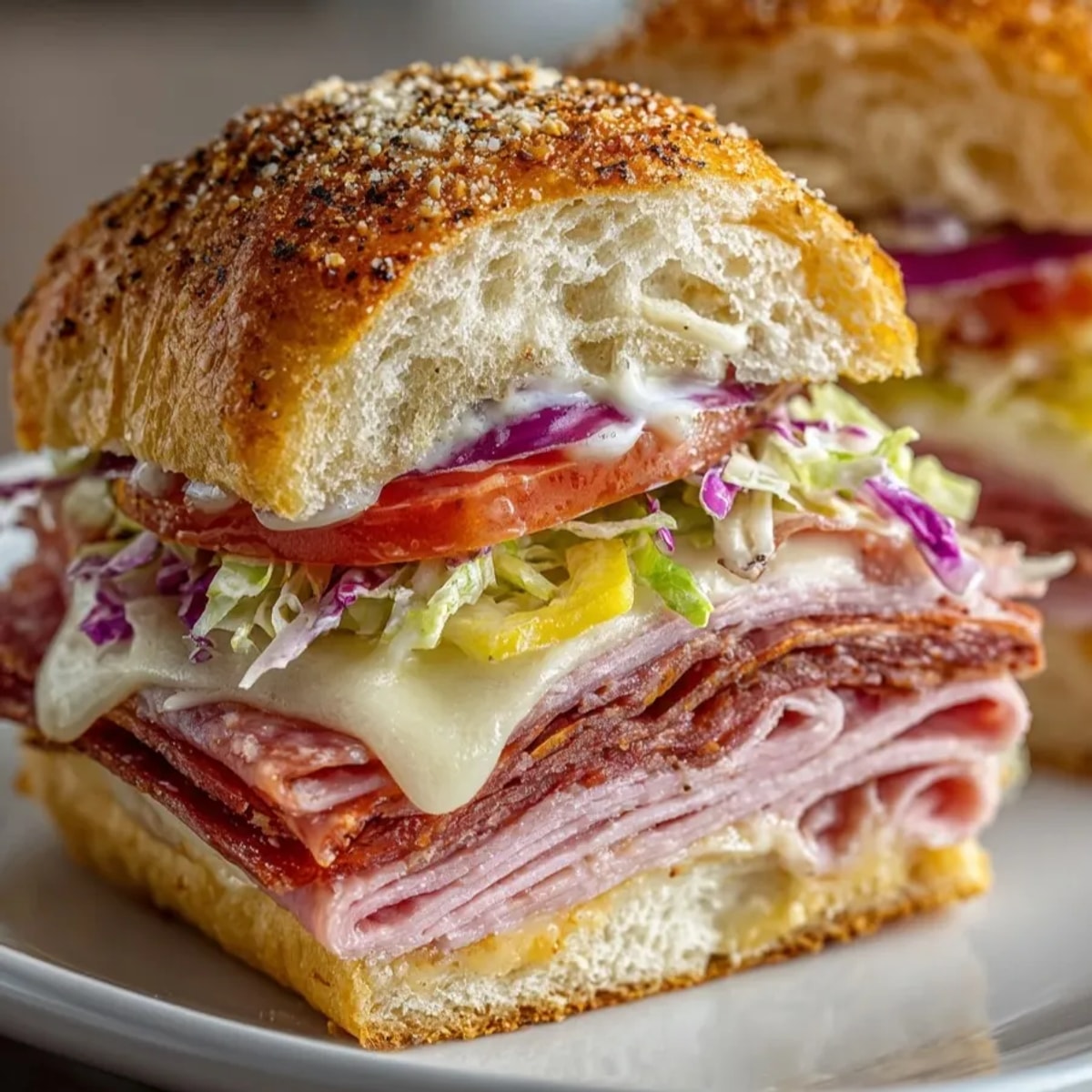 Golden, bubbly Classic Grinder Salad Sandwich Sliders on a baking sheet, ready to serve and enjoy.
