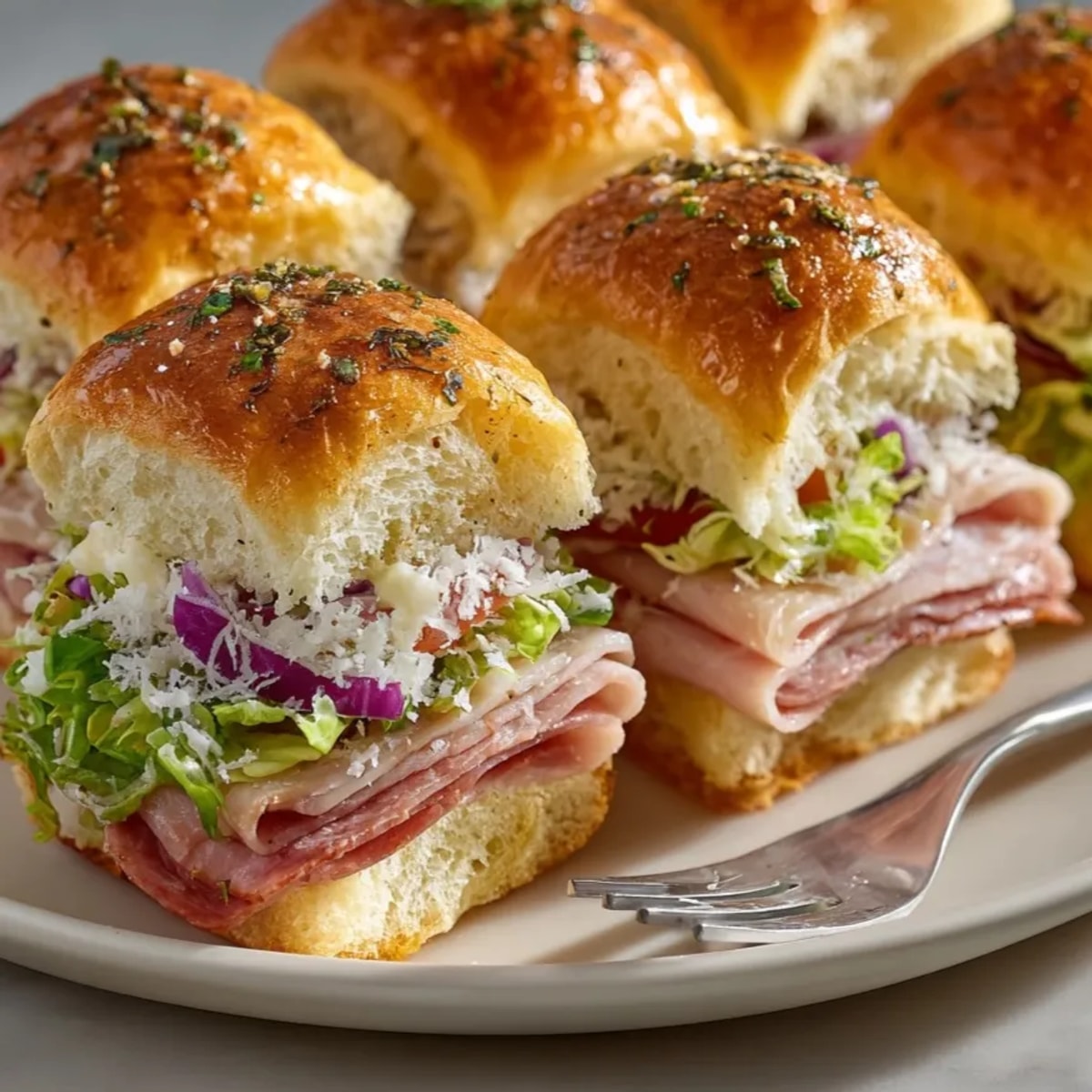 A close-up of stacked Classic Grinder Salad Sandwich Sliders reveals layers of meats and cheese.