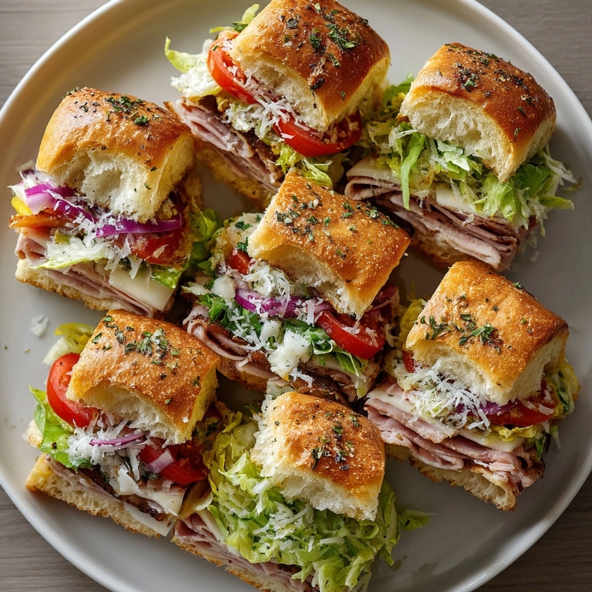 Freshly-baked Classic Grinder Salad Sandwich Sliders: savory meats meet creamy cheese and a zesty salad.