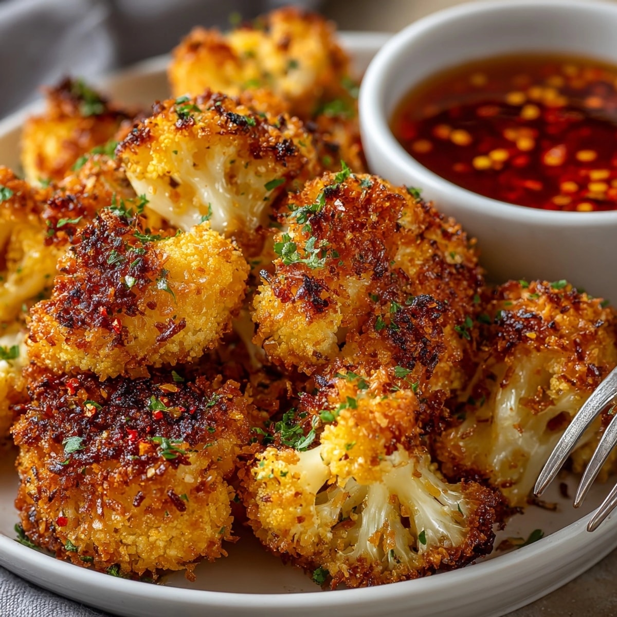 Crispy Coconut Cauliflower Bites, golden and tempting, ready to dip in a cool, creamy sauce.