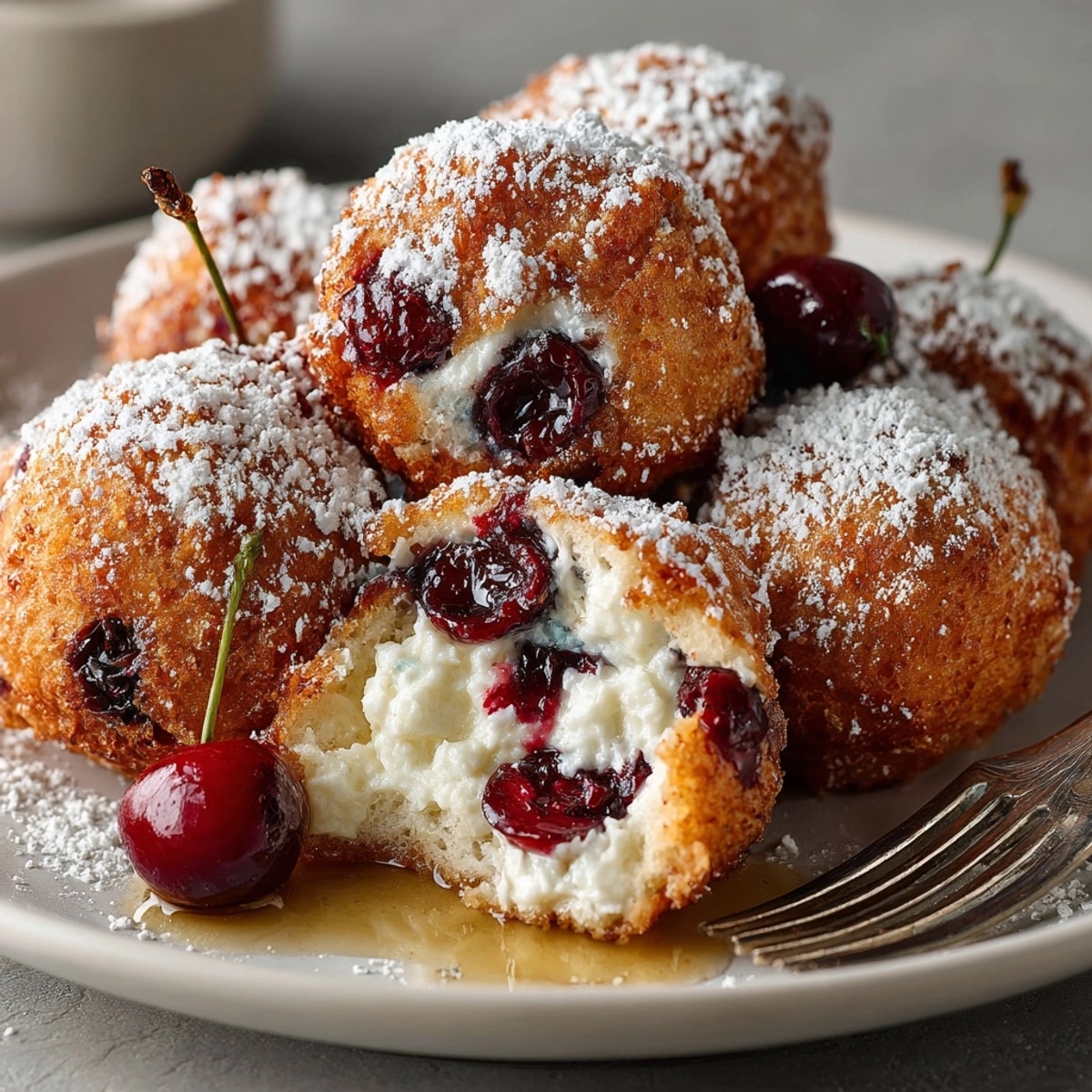 Golden Cherry Ricotta Pancake Fritters piled high, dusted with powdered sugar, ready to eat.