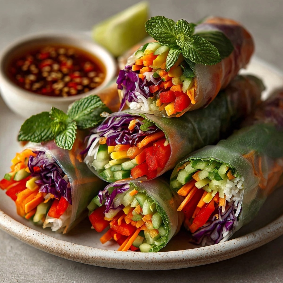 Vibrant Thai Sweet Chili Veggie Spring Rolls filled with colorful, fresh vegetables, ready to enjoy.