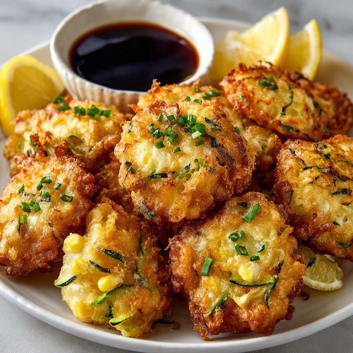 Golden-brown Tempura Sweet Corn Zucchini Fritters ready to serve with lemon wedges and dipping sauce.