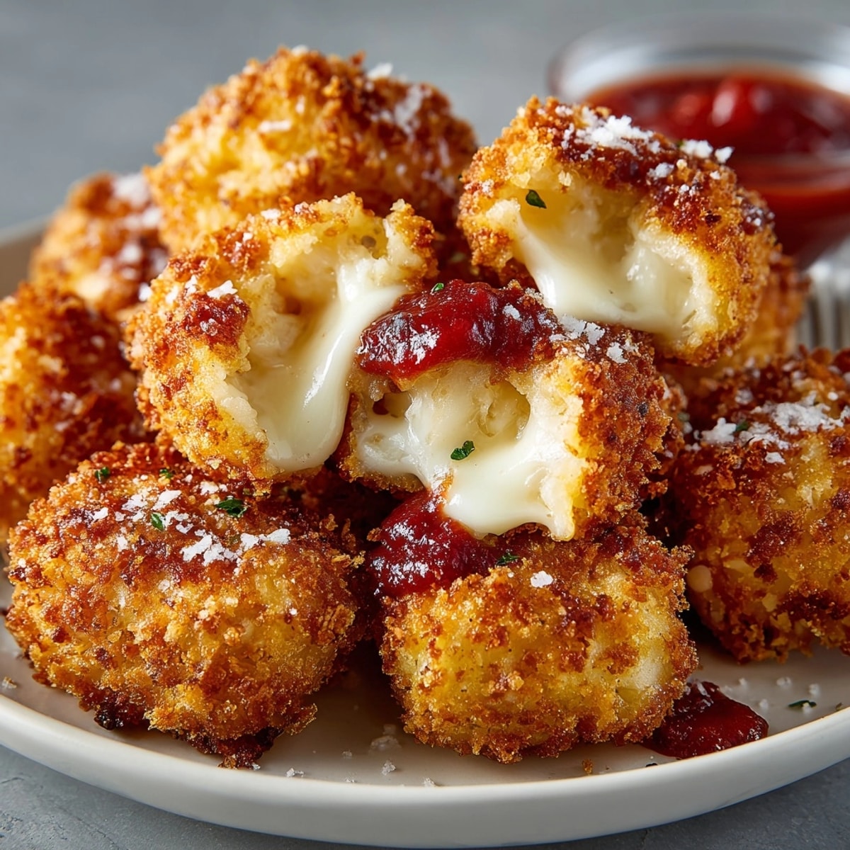 Golden-brown mozzarella-stuffed plantain nuggets, a crispy appetizer perfect for dipping into marinara sauce.