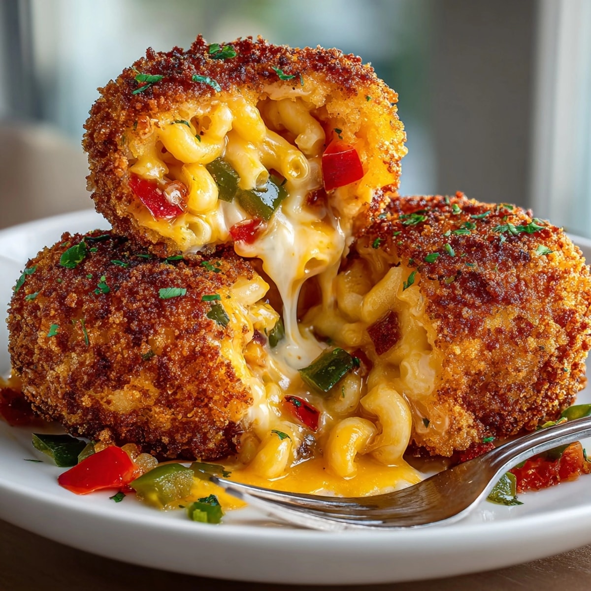 Crispy Texas Queso Fried Mac & Cheese Balls with a molten queso center, ready to enjoy.