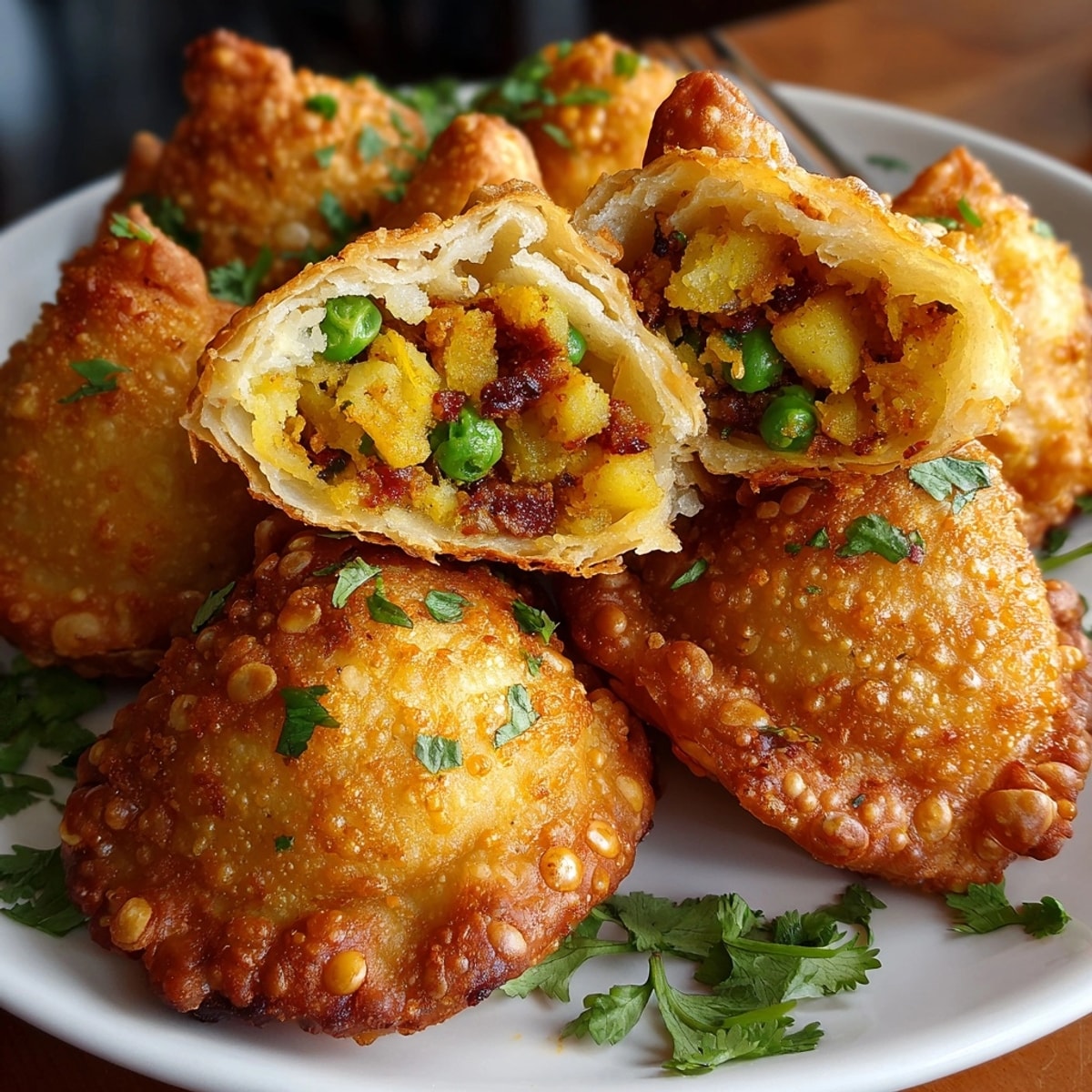 Crispy Curry Potato Samosa Bites: Image of golden, fried pockets filled with savory spiced potatoes.