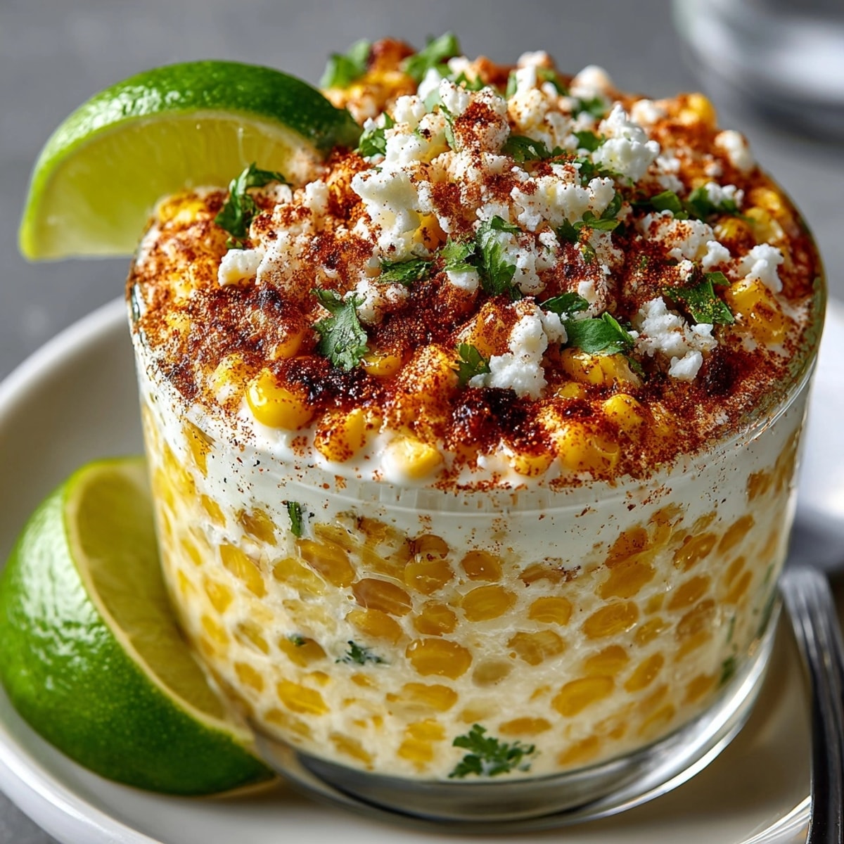 Golden Crunchy Elote Street Corn Cups, topped with crushed chips, offer a delightful crunch to the creamy corn.