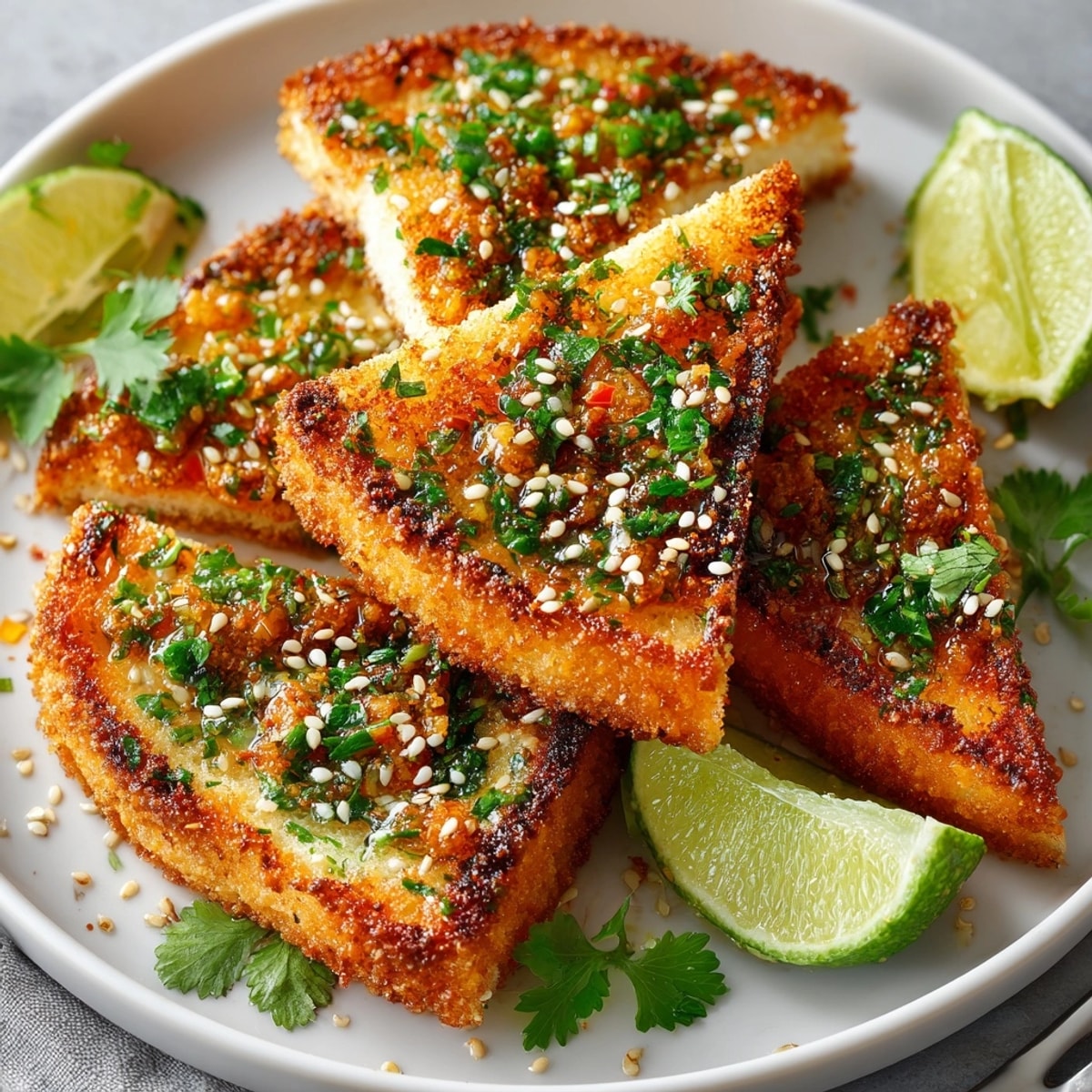 Golden Vietnamese crispy shrimp toast with sesame seeds, served with lime wedges.