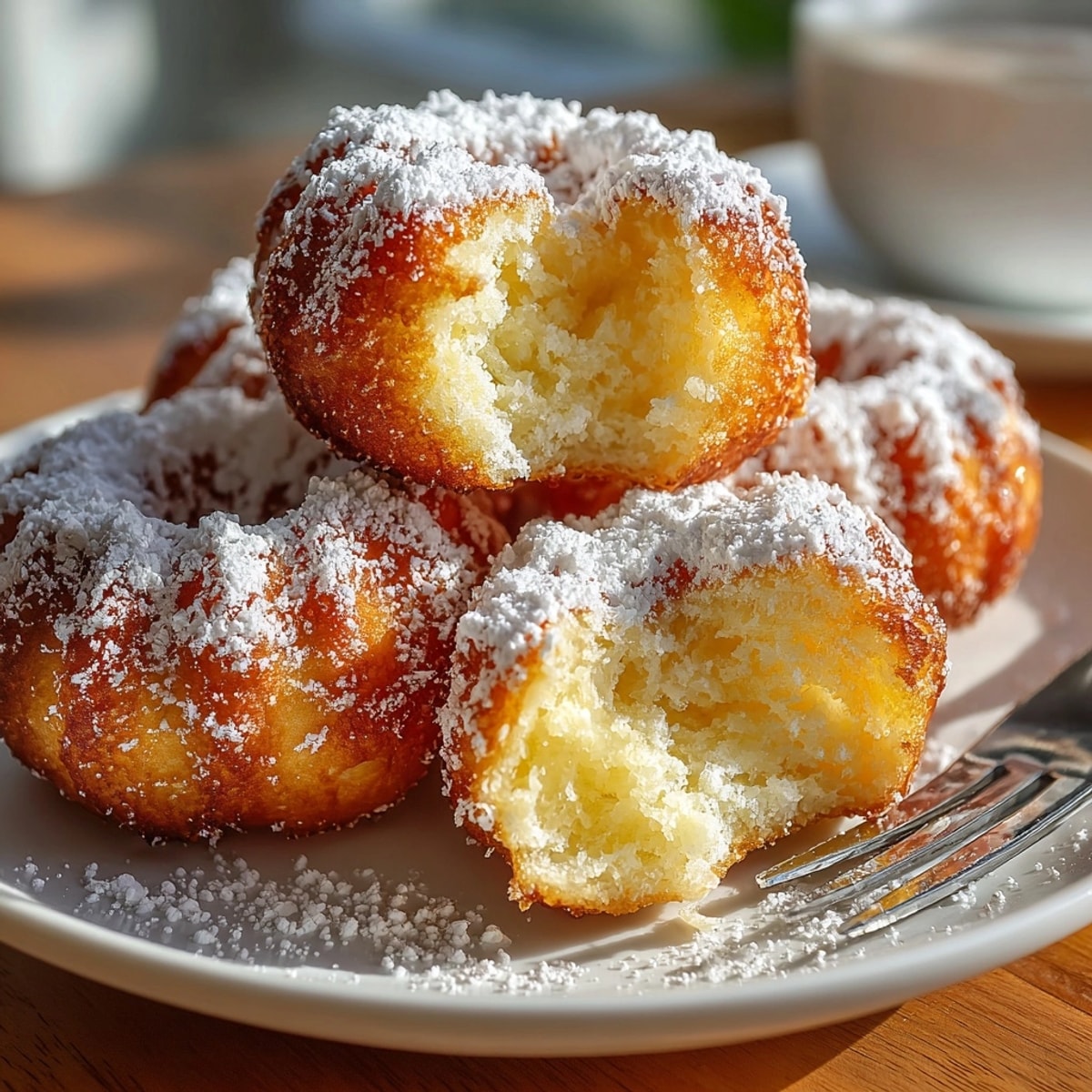 Golden air fryer zeppole donuts dusted with powdered sugar, served warm and fluffy.