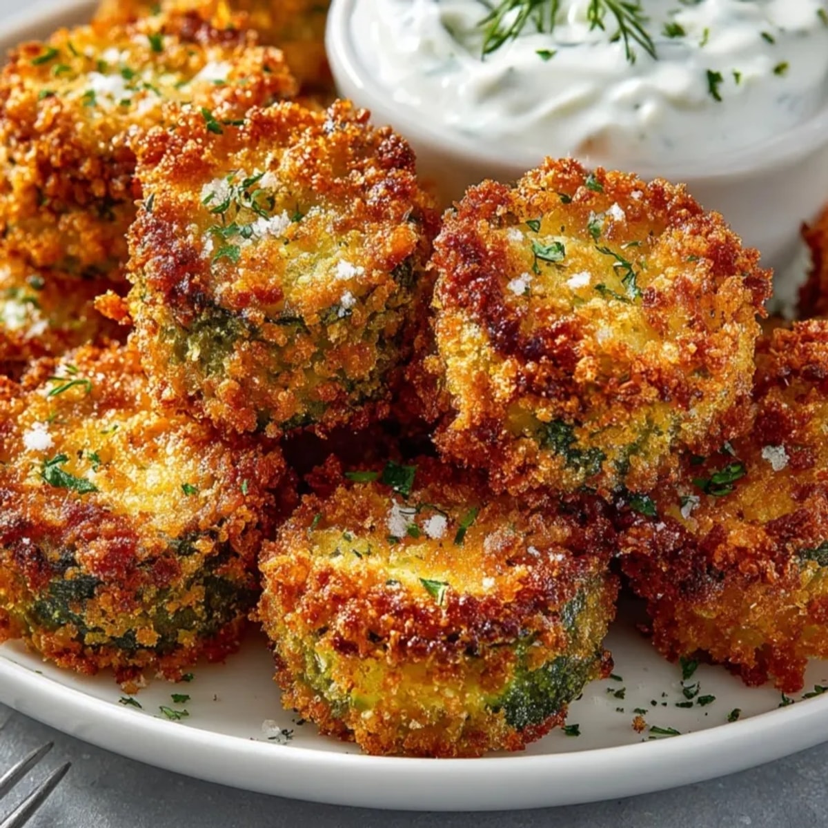Golden Parmesan dill fried pickles with a crispy coating, served alongside a creamy dill dip.