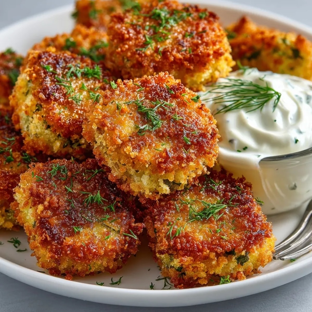 Close-up of fried pickle dippers, golden and crunchy, paired with a tangy dipping sauce.