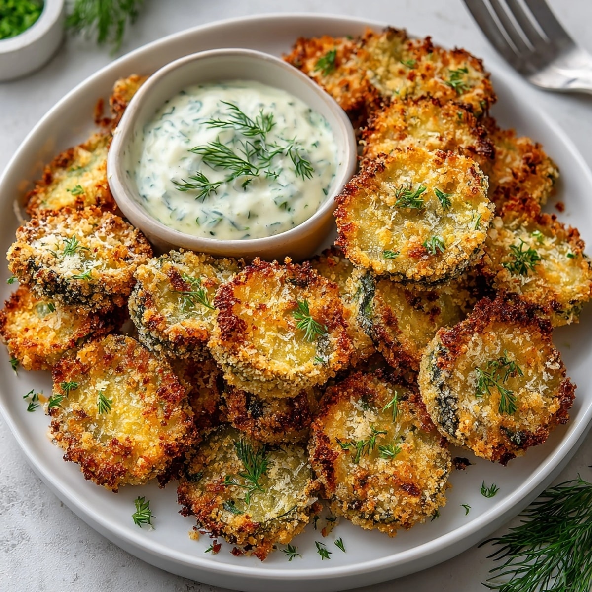 Crispy fried pickle dippers coated in parmesan and dill, perfect for party appetizers.