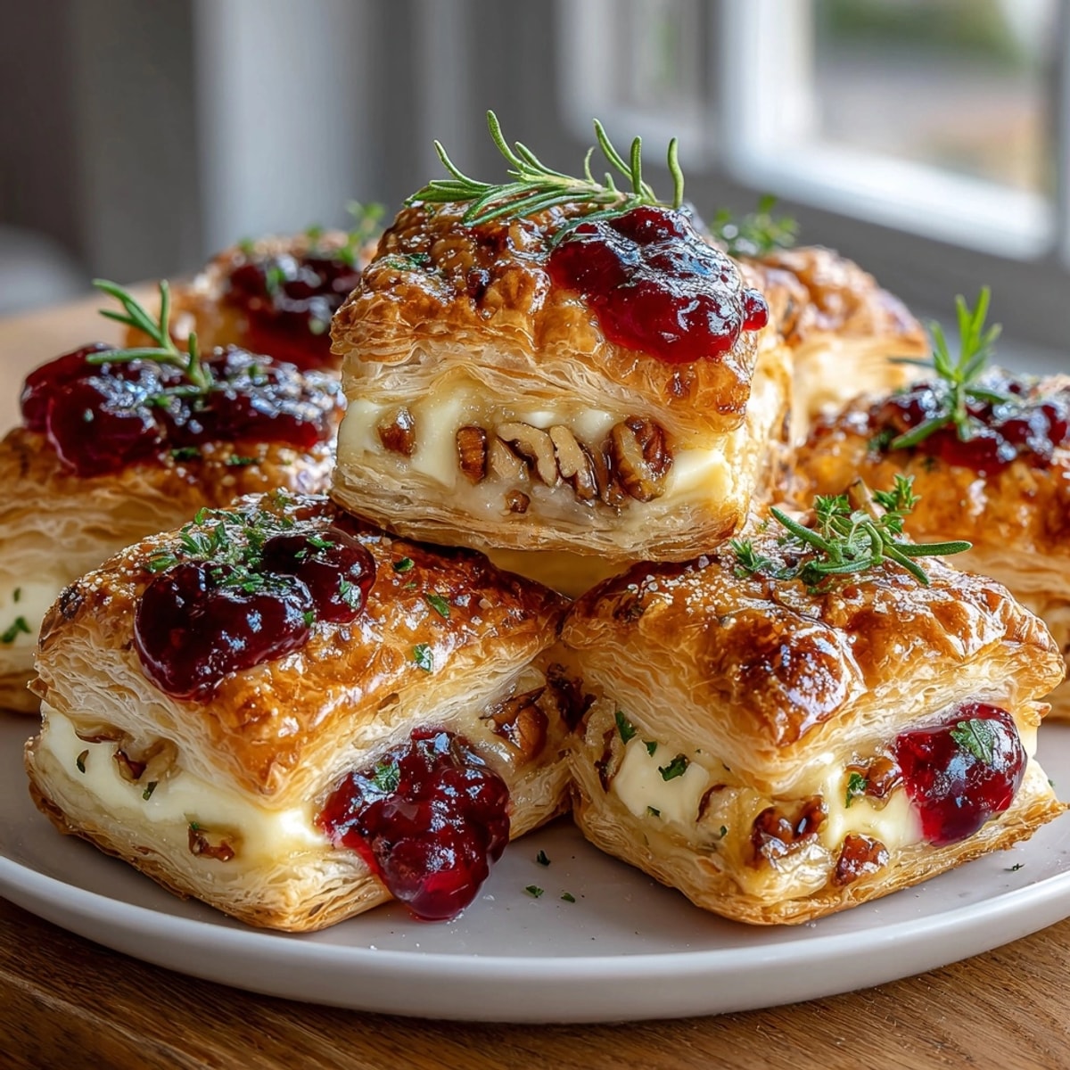 Golden, flaky Cranberry Brie Puff Pastry Bites, a festive appetizer with creamy Brie and tart cranberries.