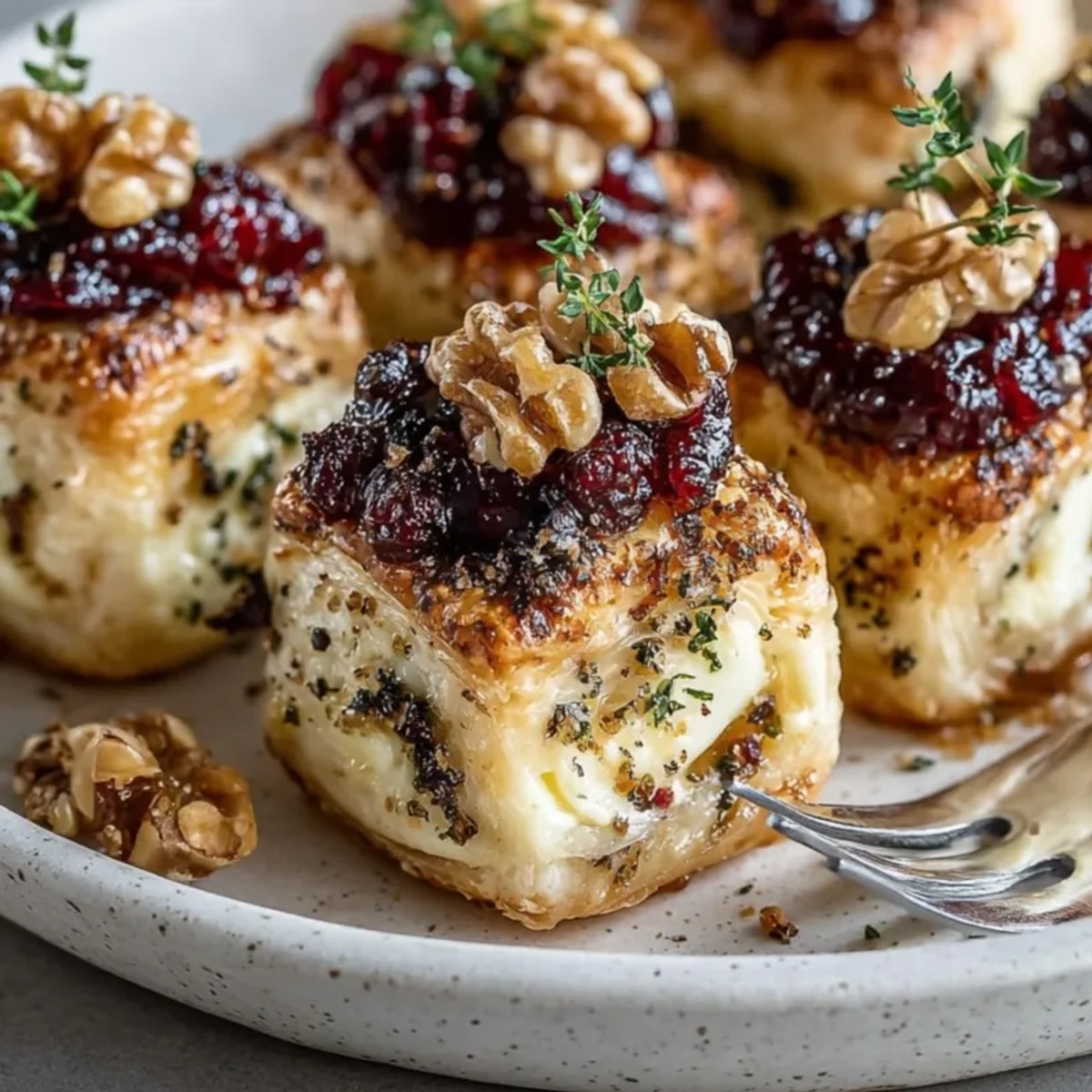 Warm, savory close-up of baked Cranberry Brie Puff Pastry Bites, perfect for holiday parties or snacking.