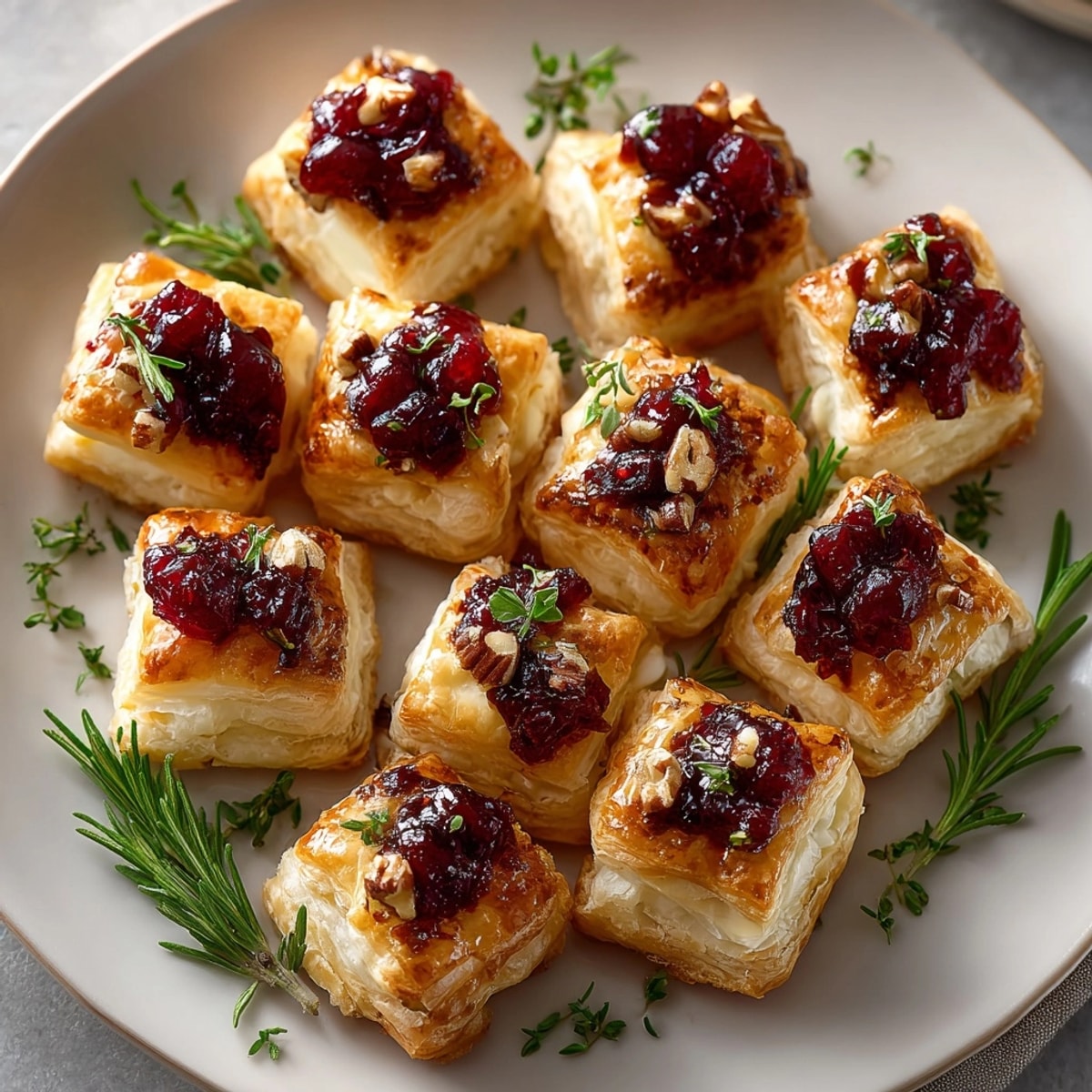 Enjoy homemade Cranberry Brie Puff Pastry Bites: golden, bite-sized delights baked until puffed and delicious.