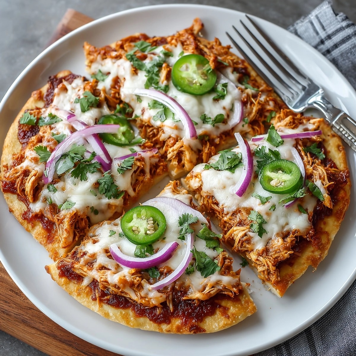 BBQ Chicken Pizza Flatbread: A close-up of a bubbly, cheesy flatbread, ready to eat!