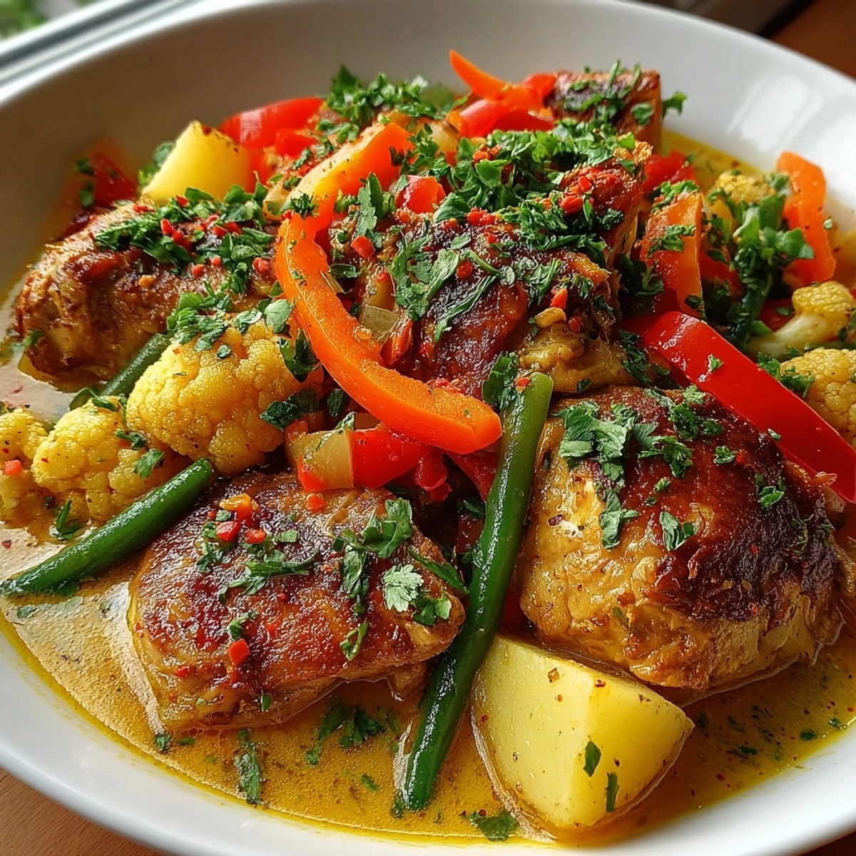 Steaming hot Chicken and Vegetable Curry, with tender bites of chicken and vibrant vegetables.