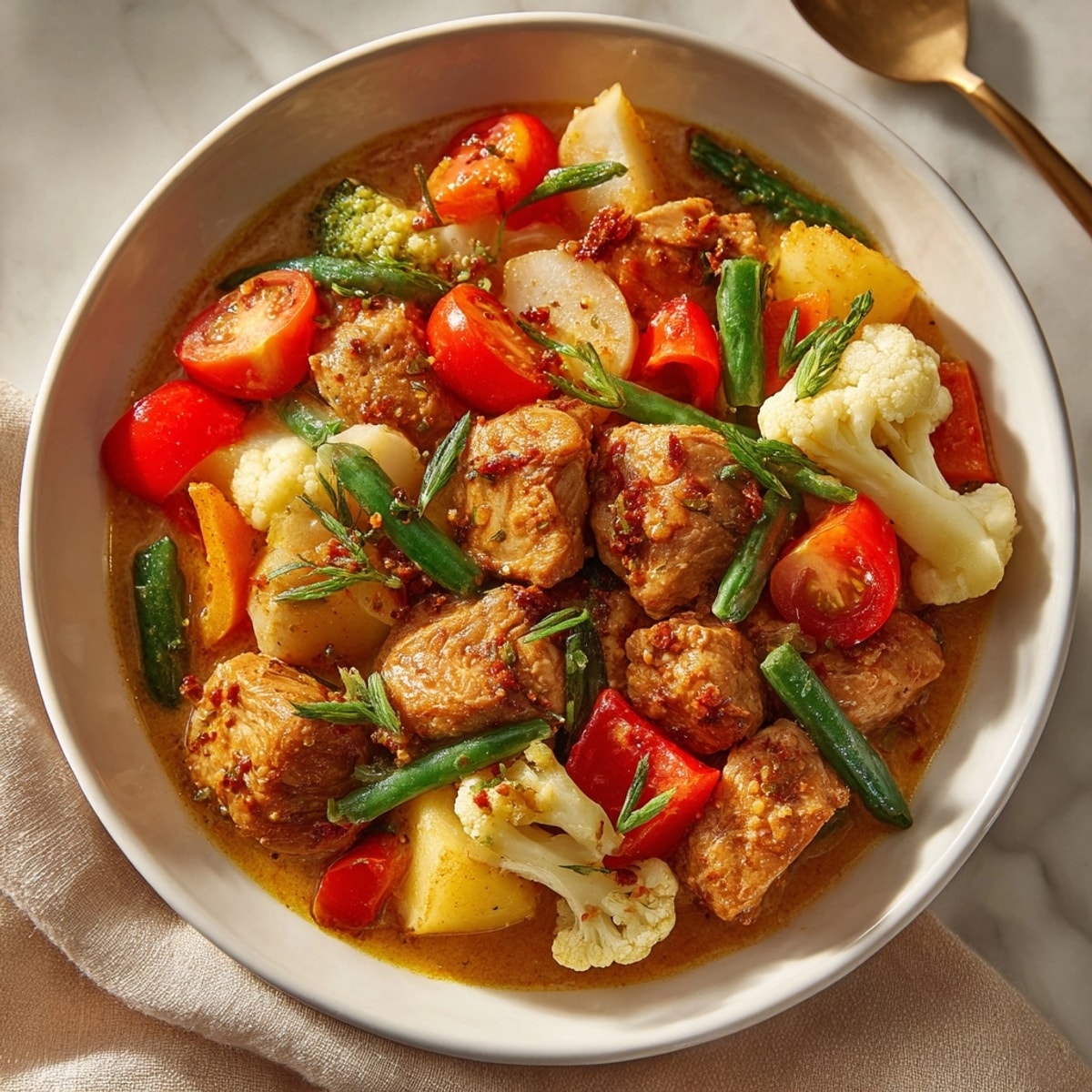 A bowl of golden Chicken and Vegetable Curry, rich with coconut milk and aromatic spices.