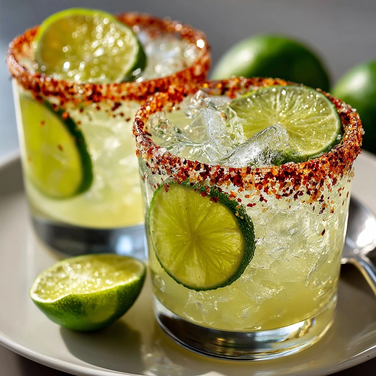 Bright green Pickle Margarita Mocktails garnished with lime and pickles look incredibly refreshing.