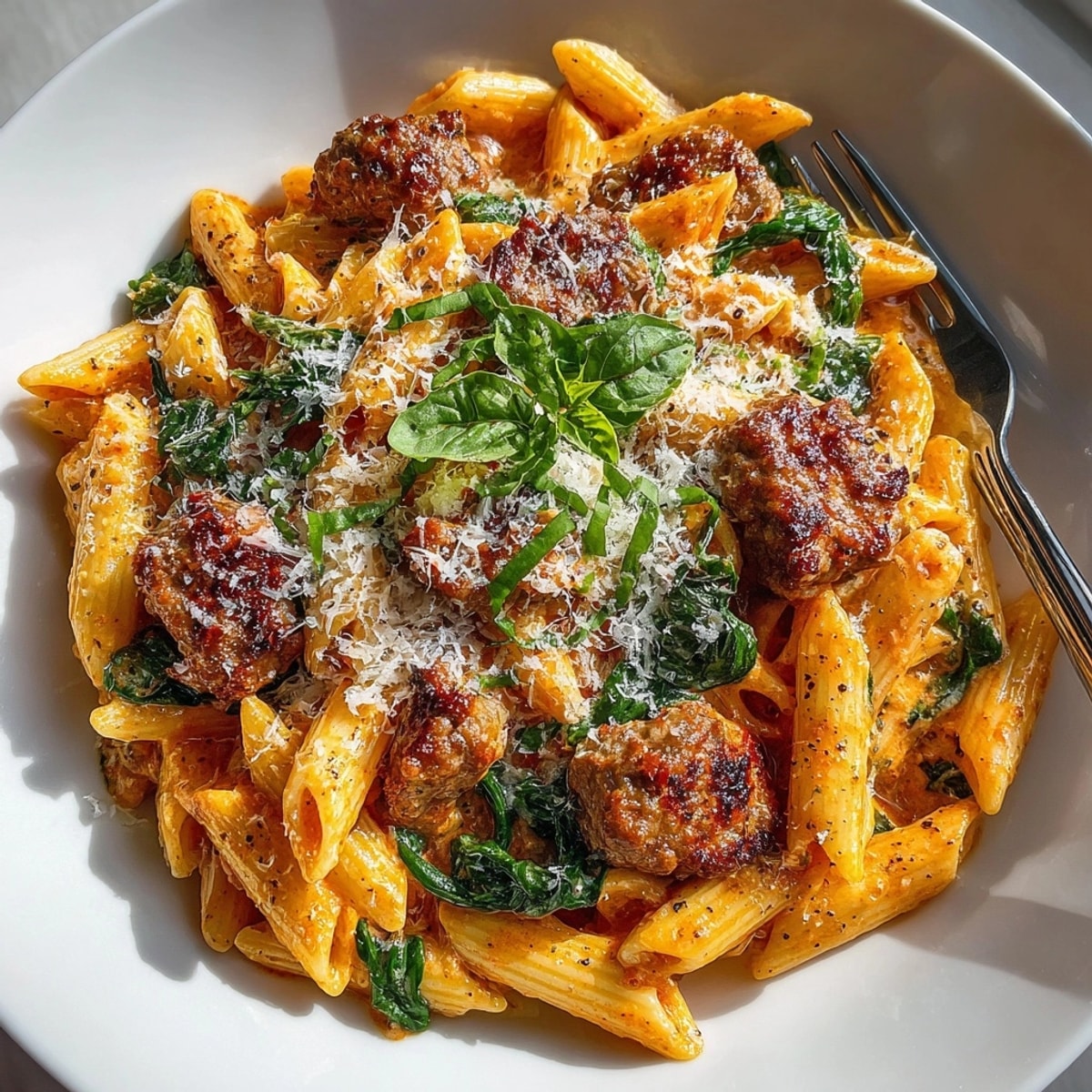 Creamy Italian Sausage Pasta: A close-up of the rich sauce coating the tender pasta and savory sausage.