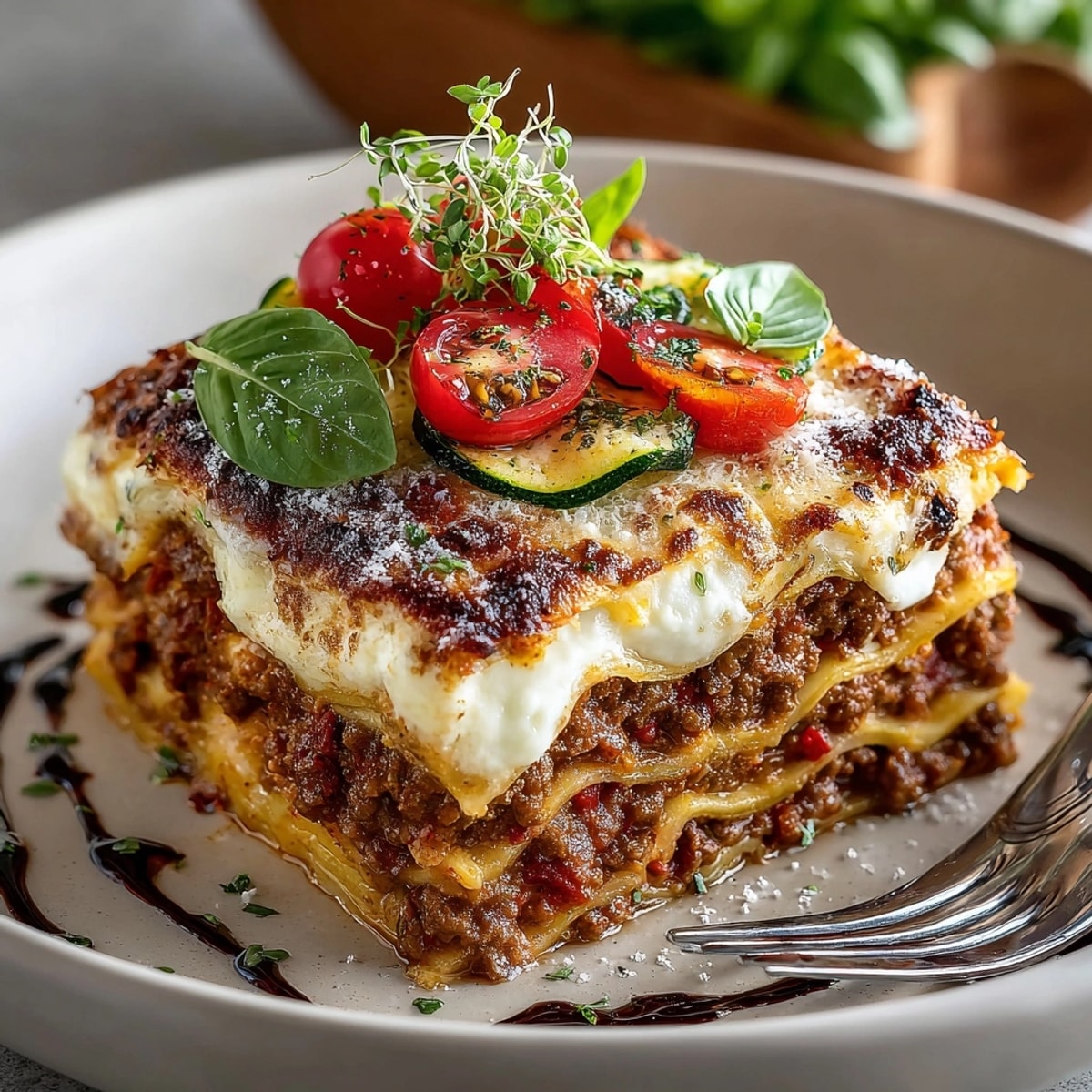 Deconstructed Lasagna featuring artful plating presents the meat ragù and creamy béchamel beautifully.