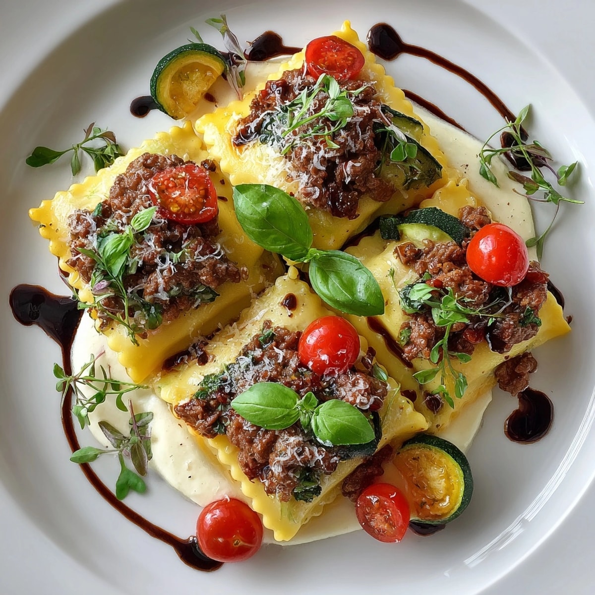 A close-up of Deconstructed Lasagna with artistic plating: pasta, ragù, and béchamel drizzled with glaze.
