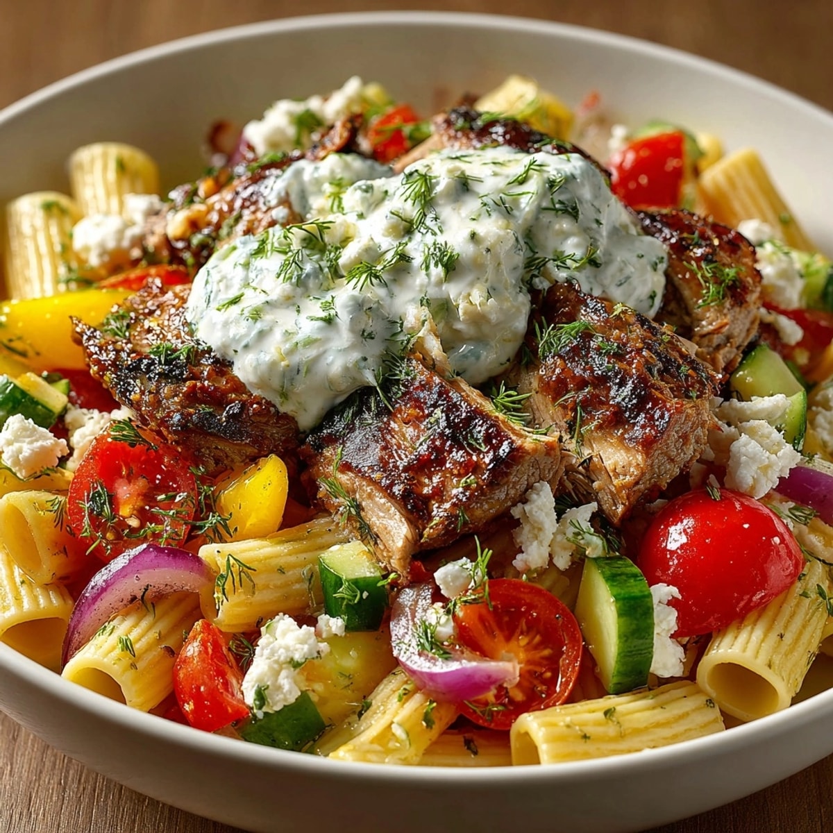 Gyro Pasta Bowl with a fluffy, white tzatziki foam, showcasing a Greek-inspired culinary creation.