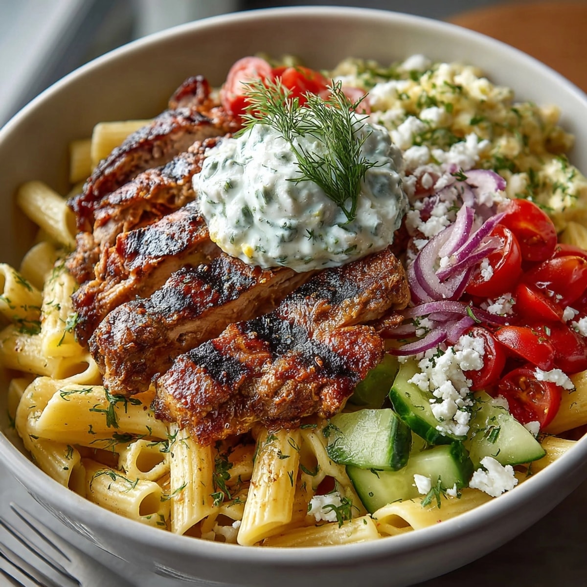 A close-up of the Gyro Pasta Bowl reveals tender pasta, flavorful gyro meat, and a cloud of creamy tzatziki.