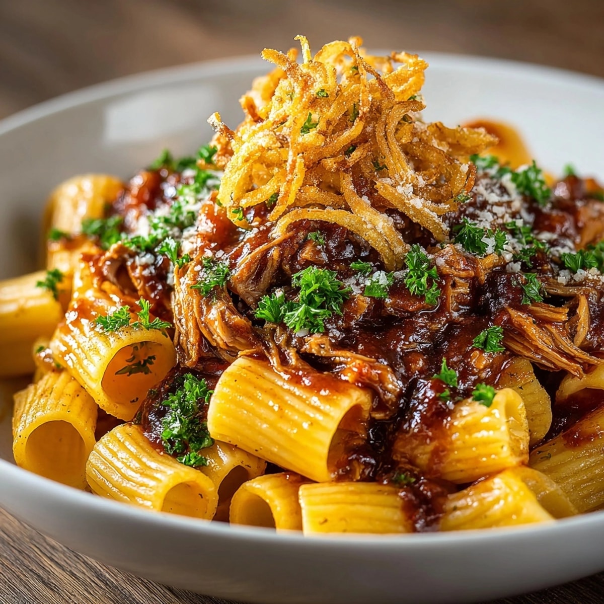 Savory BBQ Pulled Pork Pasta, vibrant with crispy onion strings, ready for your appetite.