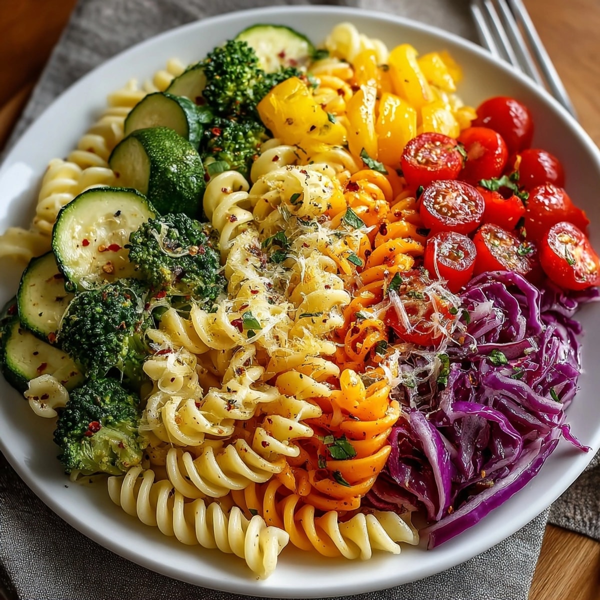 Close-up of Rainbow Veggie Pasta, showcasing the colorful gradient and fresh basil garnish.