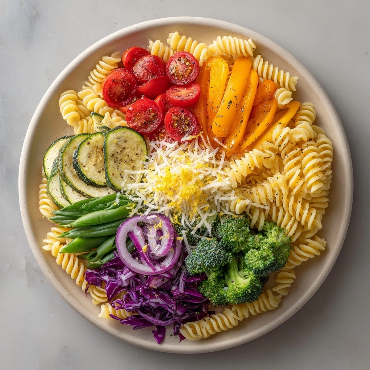 A top-down shot of Rainbow Veggie Pasta highlighting the beautiful color spectrum of the dish.