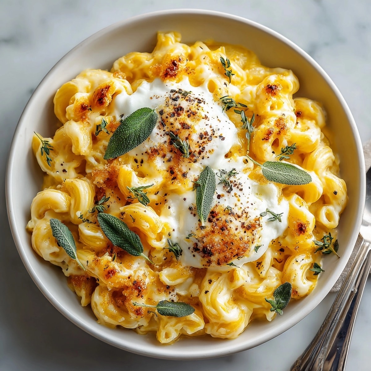 Close-up of savory Butternut Squash Mac, topped with frothy brown butter sage foam, ready to enjoy.