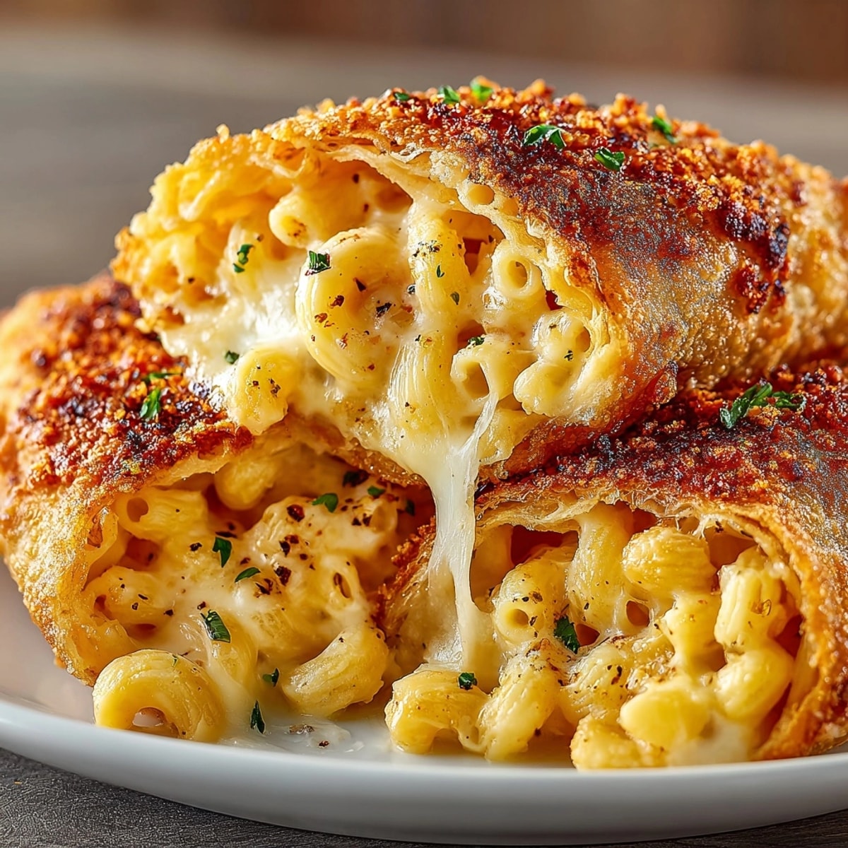 Mac and Cheese Spring Rolls served golden brown, crispy outside with gooey cheese filling revealed.