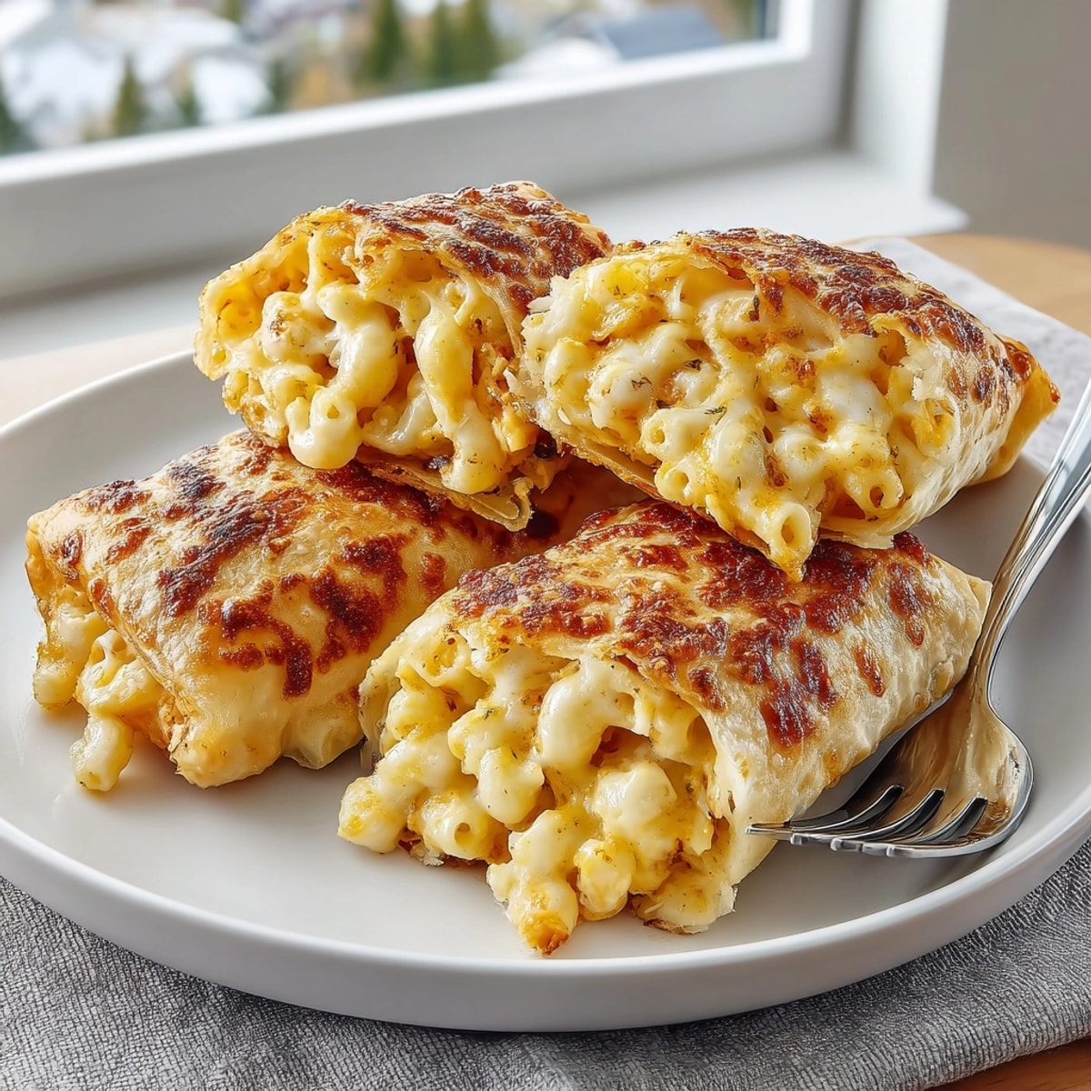 Close-up of crunchy Mac and Cheese Spring Rolls plated with a side of ranch dip.
