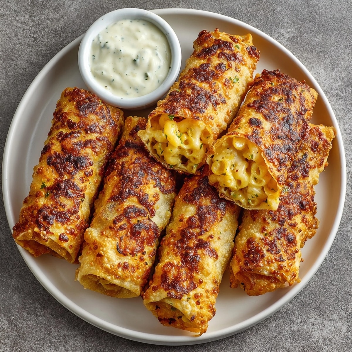 Freshly fried Mac and Cheese Spring Rolls stacked together, showcasing melted cheese oozing from each bite.