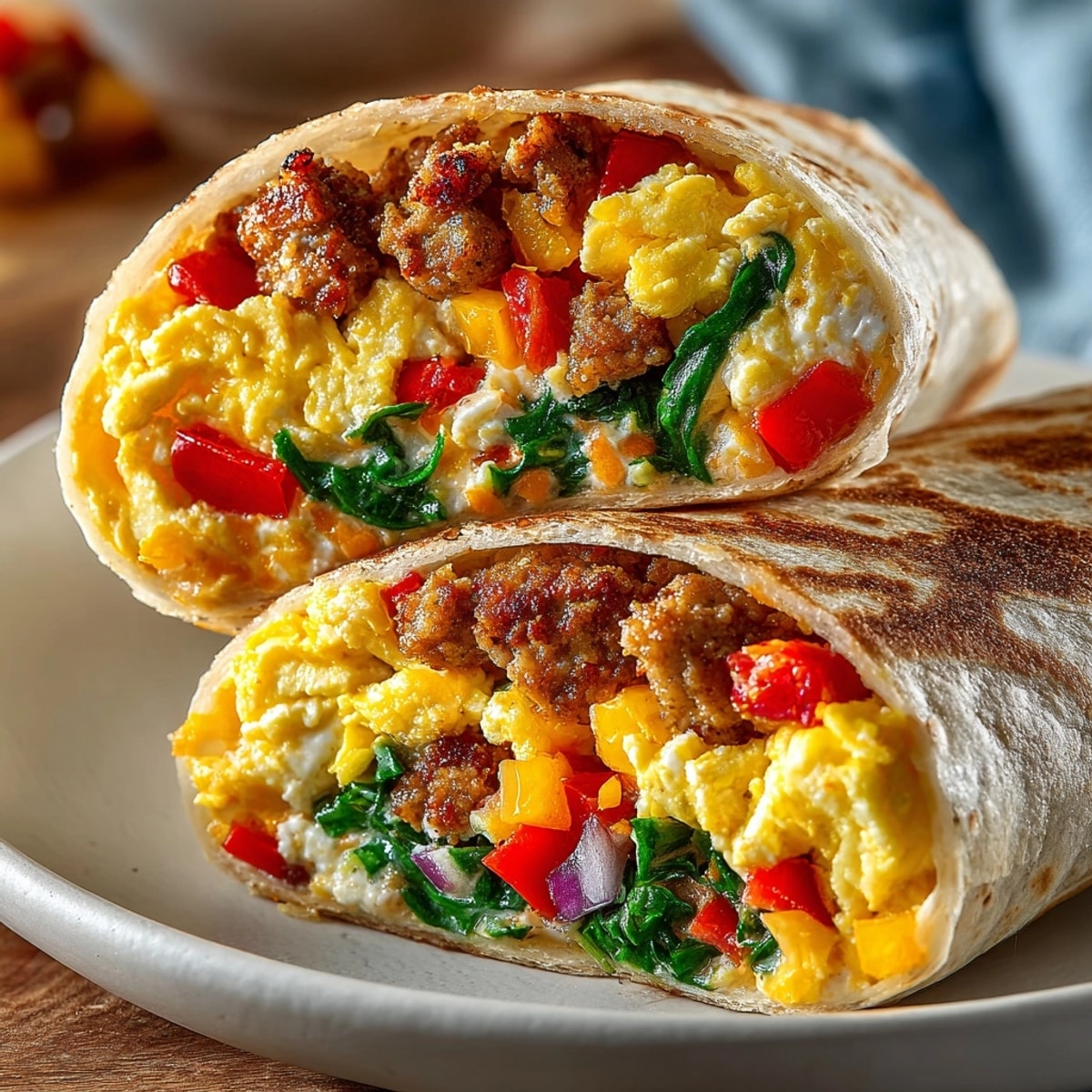 Freshly made breakfast wrap with turkey sausage, eggs, vibrant veggies, and melted cheddar cheese.