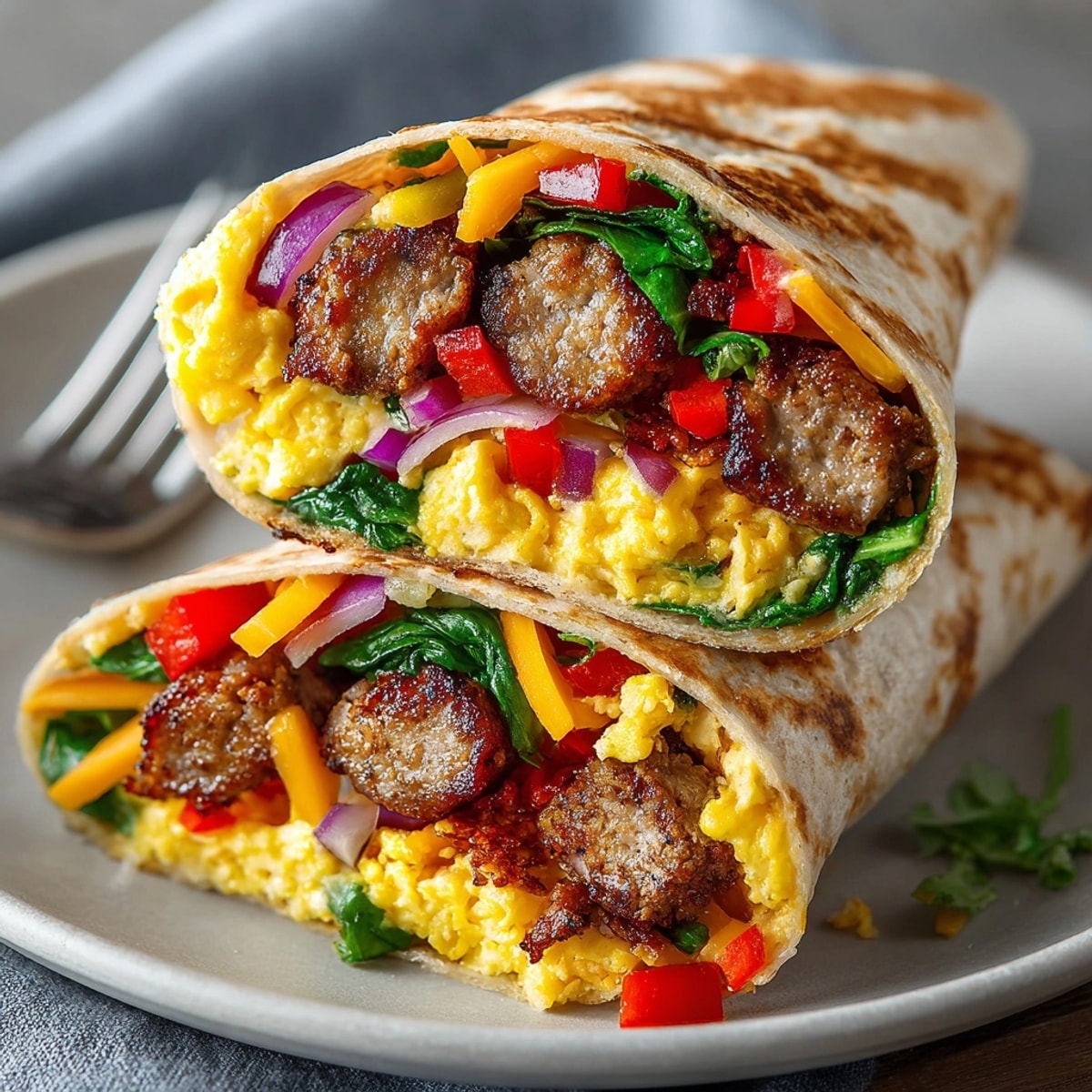 Warm breakfast wrap with turkey sausage and scrambled eggs, served in a whole wheat tortilla.