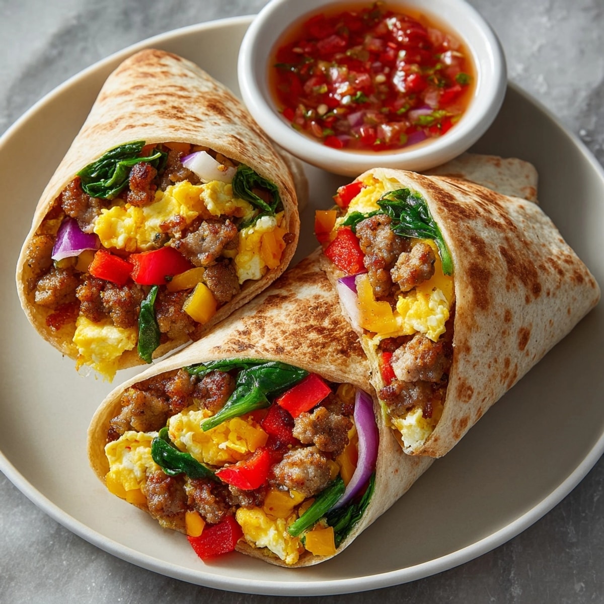 Hearty breakfast wrap with turkey sausage, colorful vegetables, and gooey cheese, ready for enjoying.
