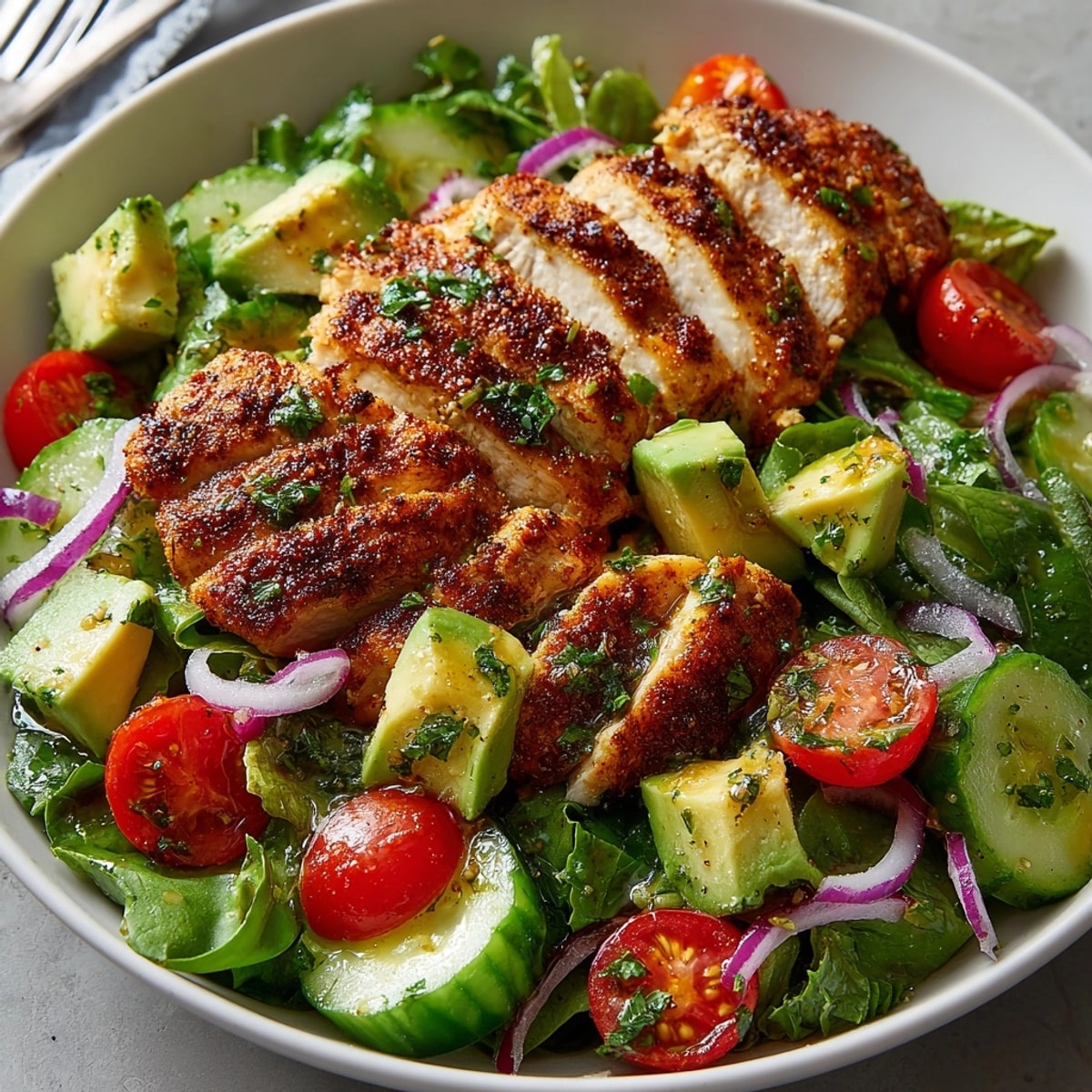 Avocado Lime Chicken Salad with grilled chicken slices and creamy avocado on a bed of greens.