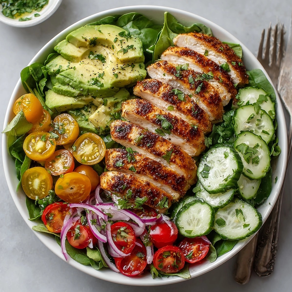 Vibrant Avocado Lime Chicken Salad served chilled with cilantro garnish, perfect for a summer lunch.