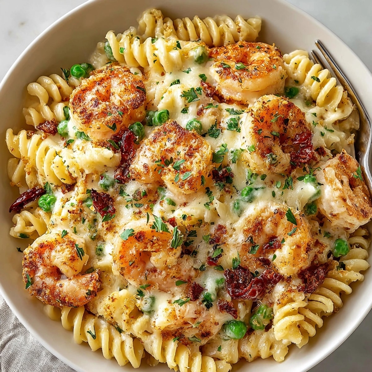 Shrimp Alfredo Casserole baked golden with creamy sauce and bubbling mozzarella topping.