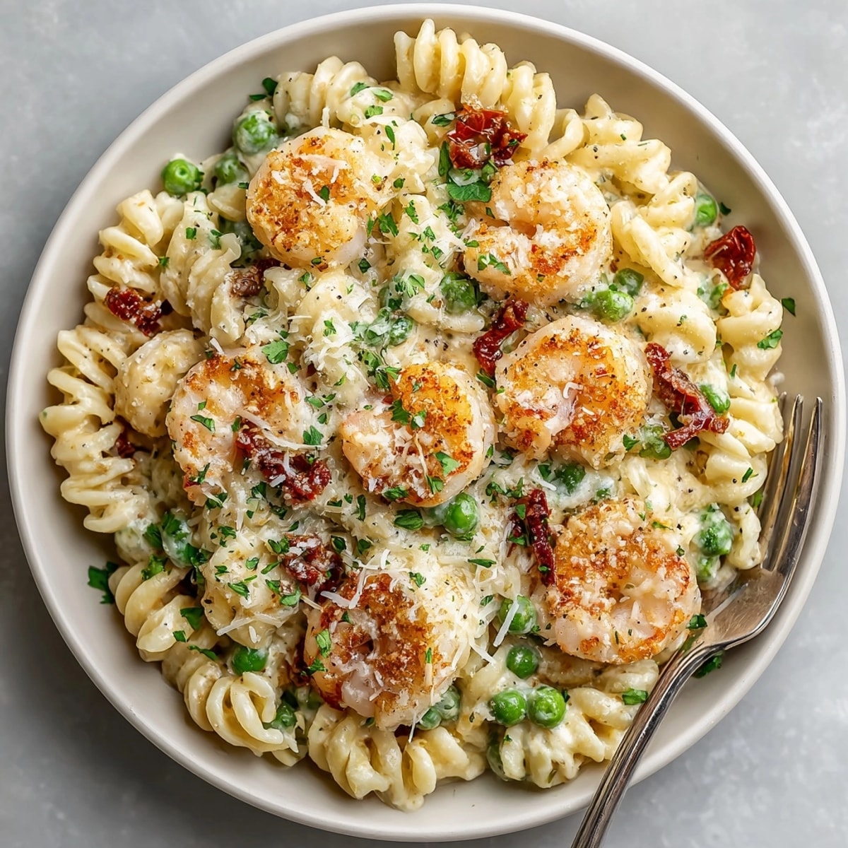 Closeup of Shrimp Alfredo Casserole served hot for an easy weeknight Italian-American dinner.