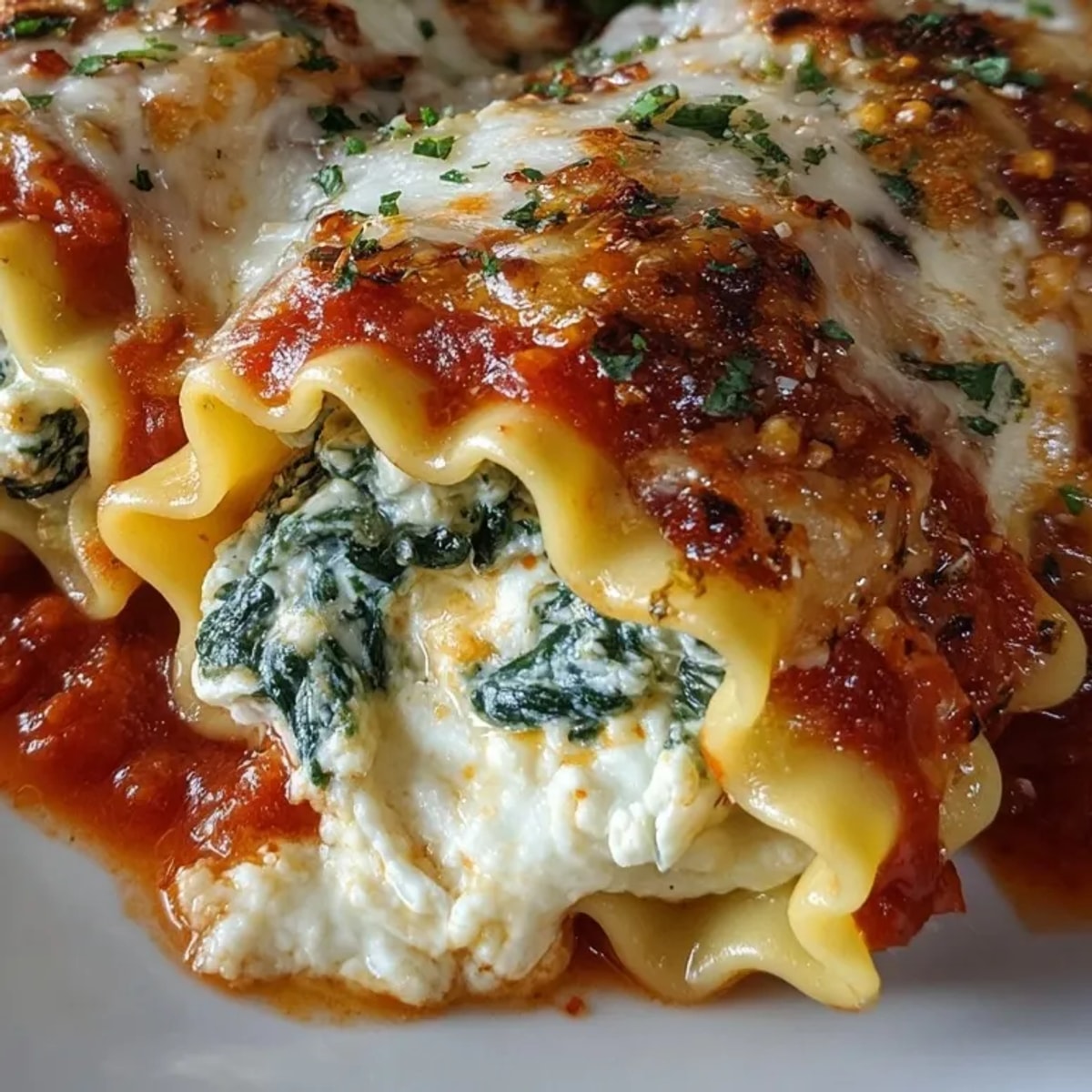 Ricotta Spinach Lasagna Rolls topped with bubbling mozzarella and fresh basil, ready to serve.