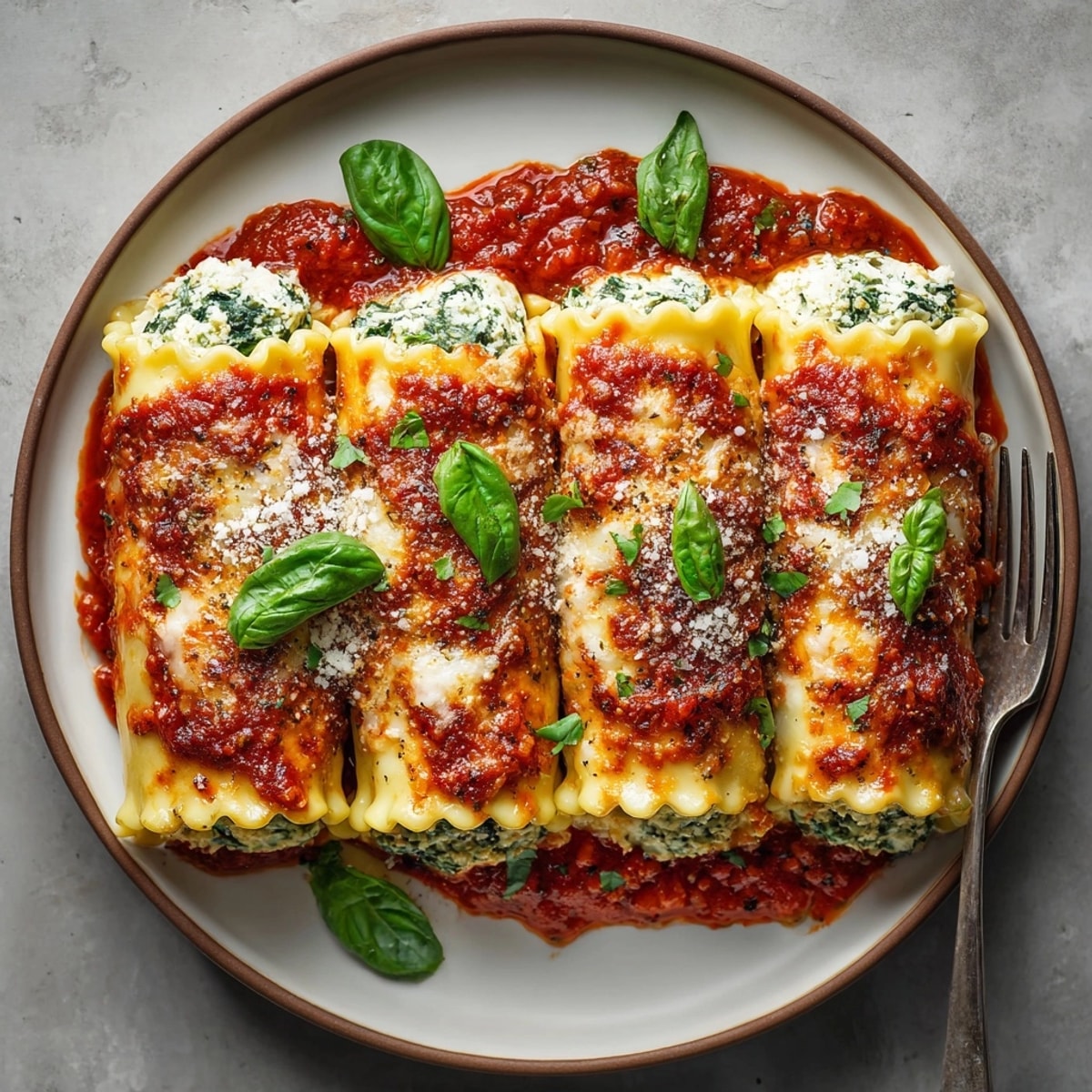 Close-up of creamy ricotta spinach lasagna rolls nestled in rich marinara sauce, just baked.