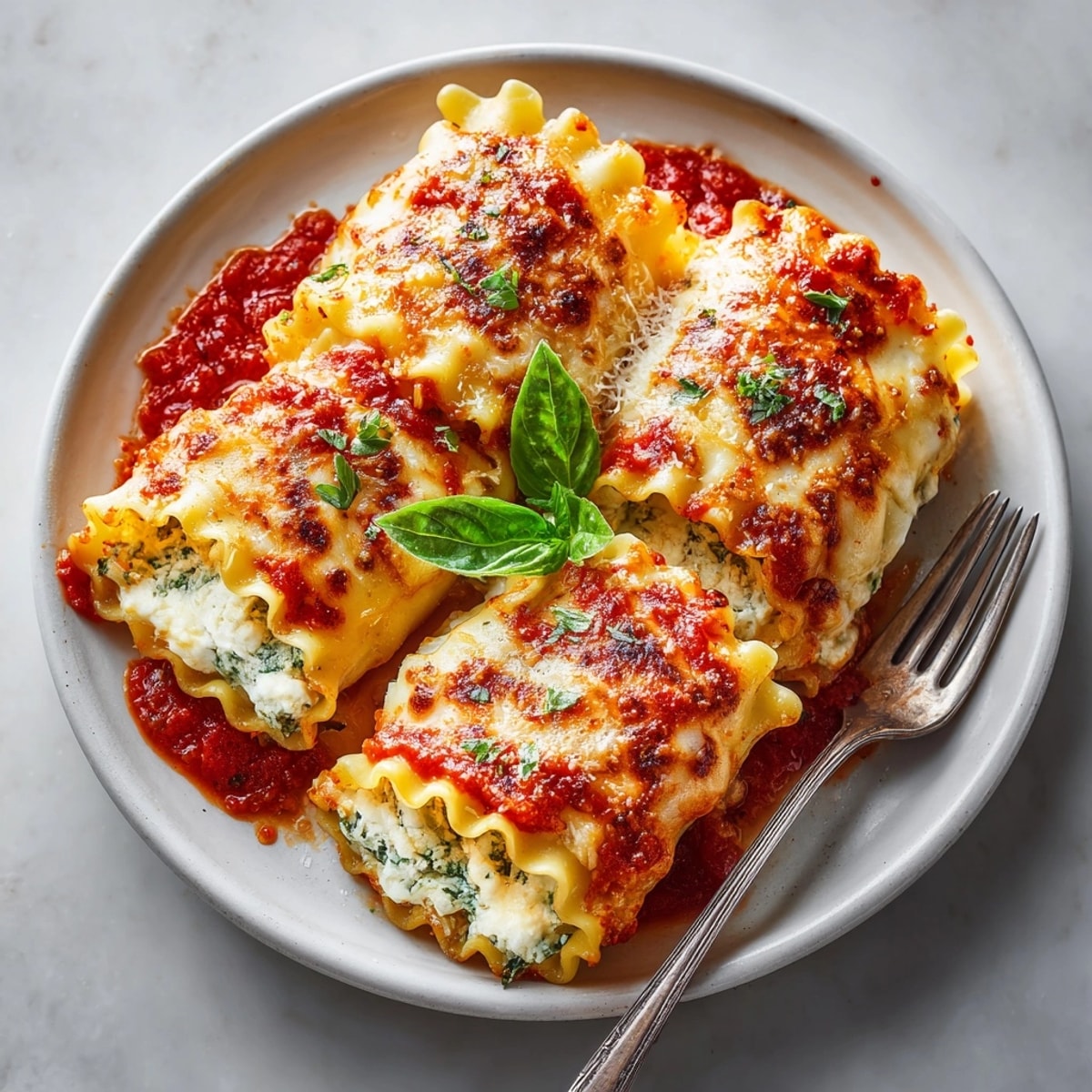 Ricotta Spinach Lasagna Rolls arranged in a casserole dish, garnished with basil for a comforting dinner.