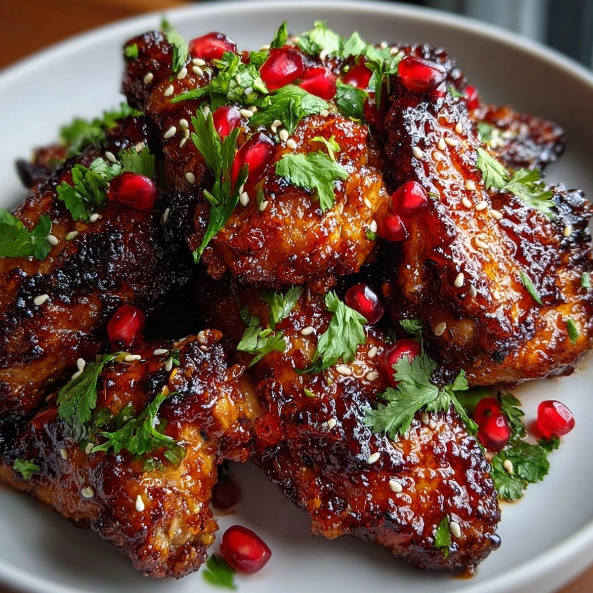 Pomegranate Glazed Chicken Wings piled on a platter, glistening with sticky, tangy-sweet sauce and fresh garnish.