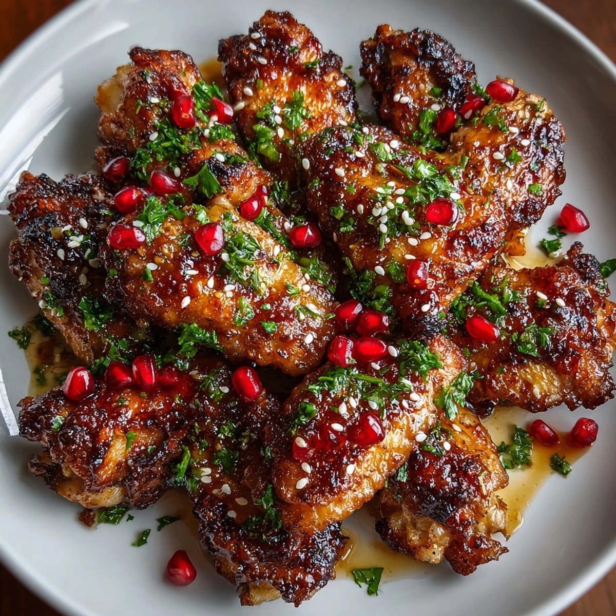 Crispy baked pomegranate glazed chicken wings served hot, sprinkled with pomegranate seeds and chopped cilantro.
