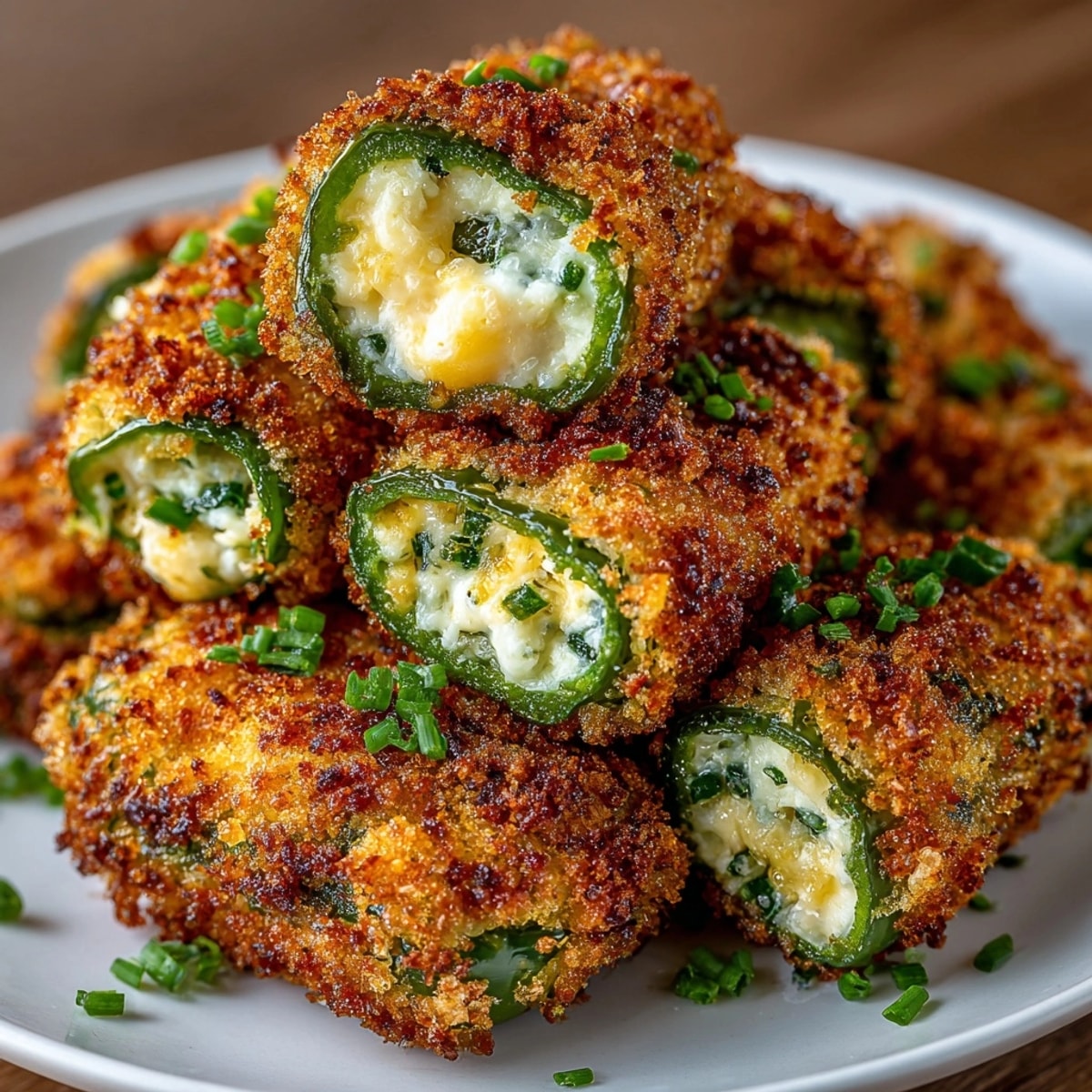 Stuffed Cheese Jalapeño Poppers arranged on a platter, showing golden crispy breadcrumb coating.